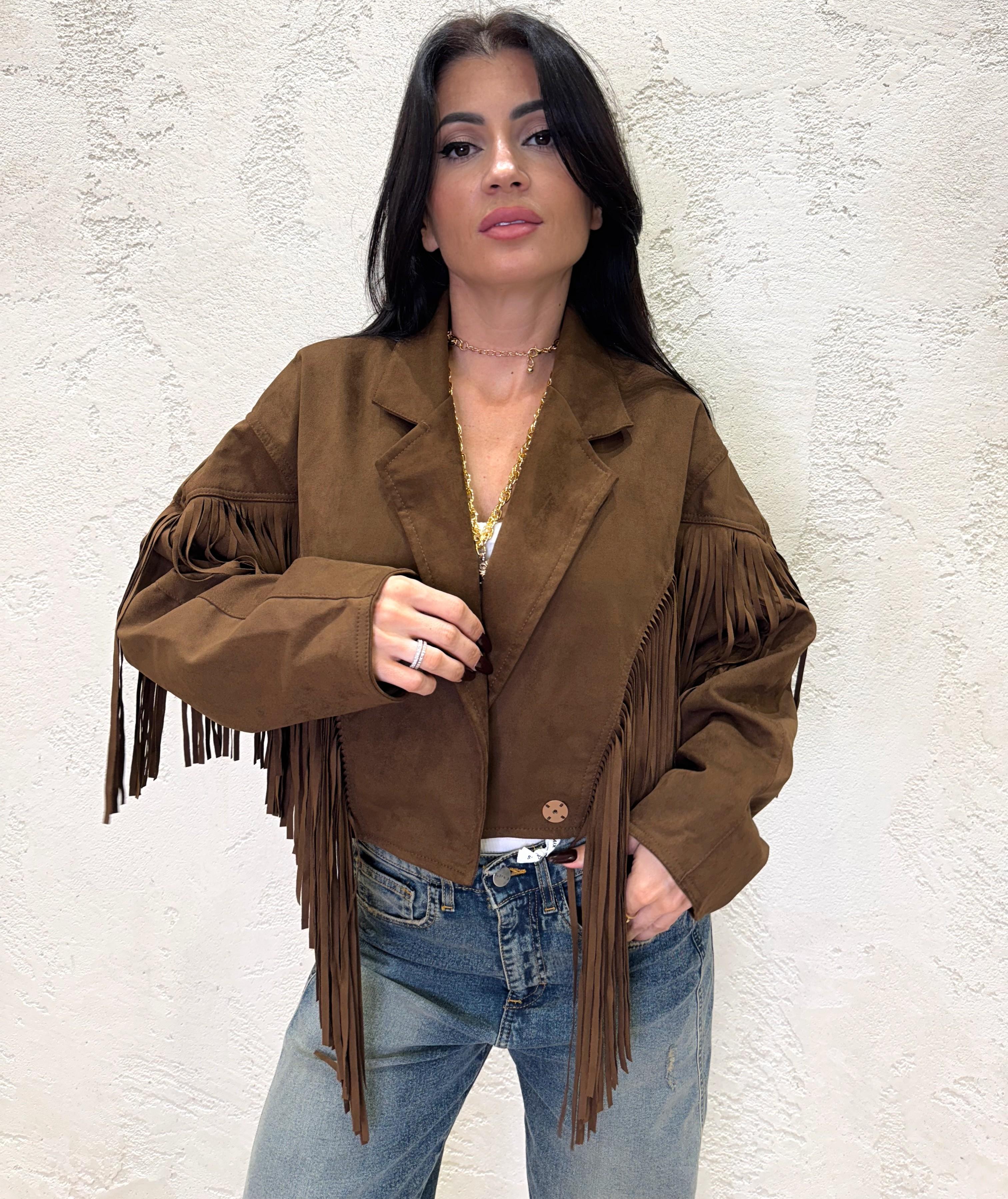 giacca crop scamosciata con collo rever e frange GSCFRANGE CIOCCOLATO ELEVI 