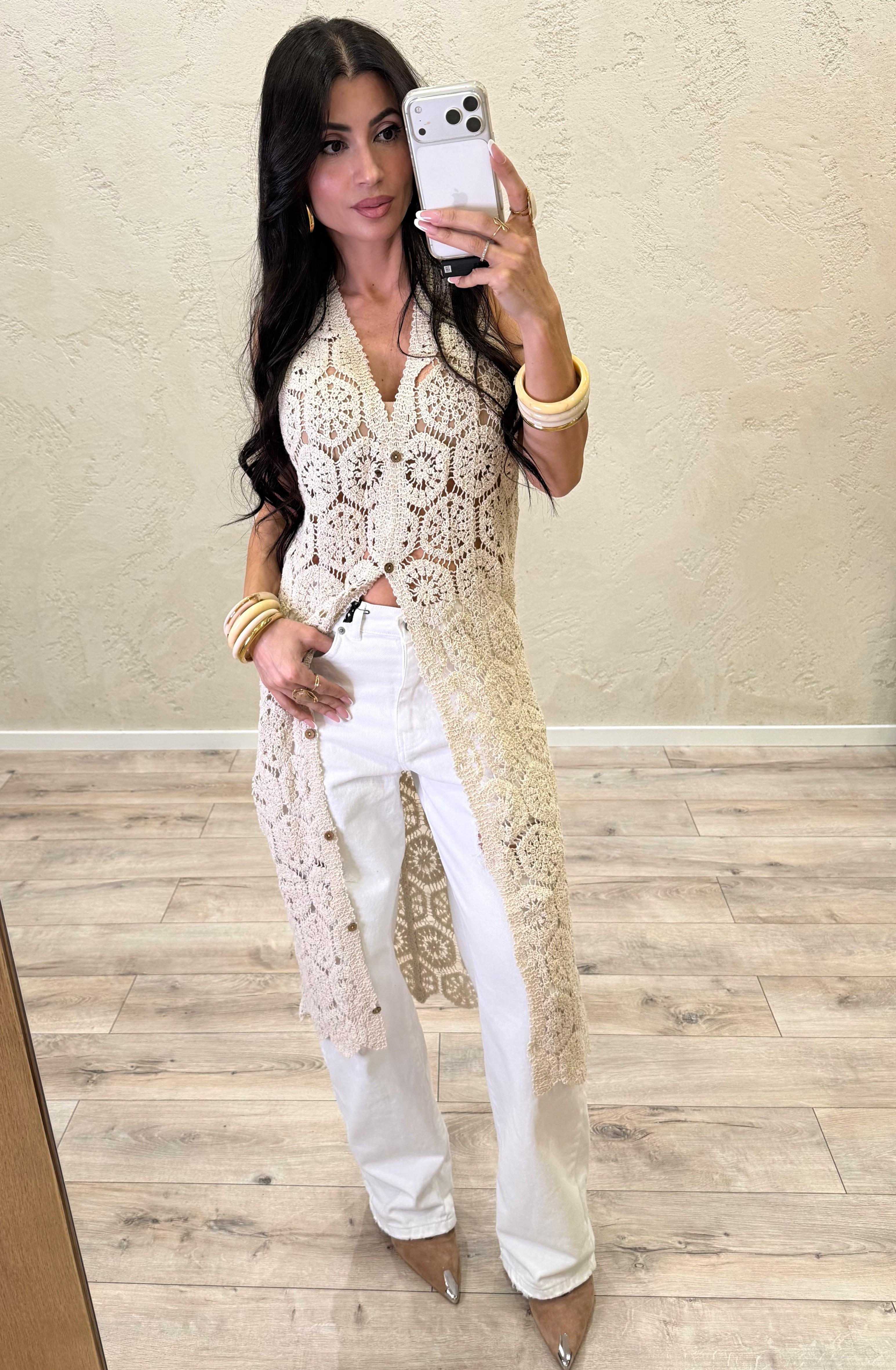 gilet midi in macramè ZS380071 ECRU SUSY MIX 
