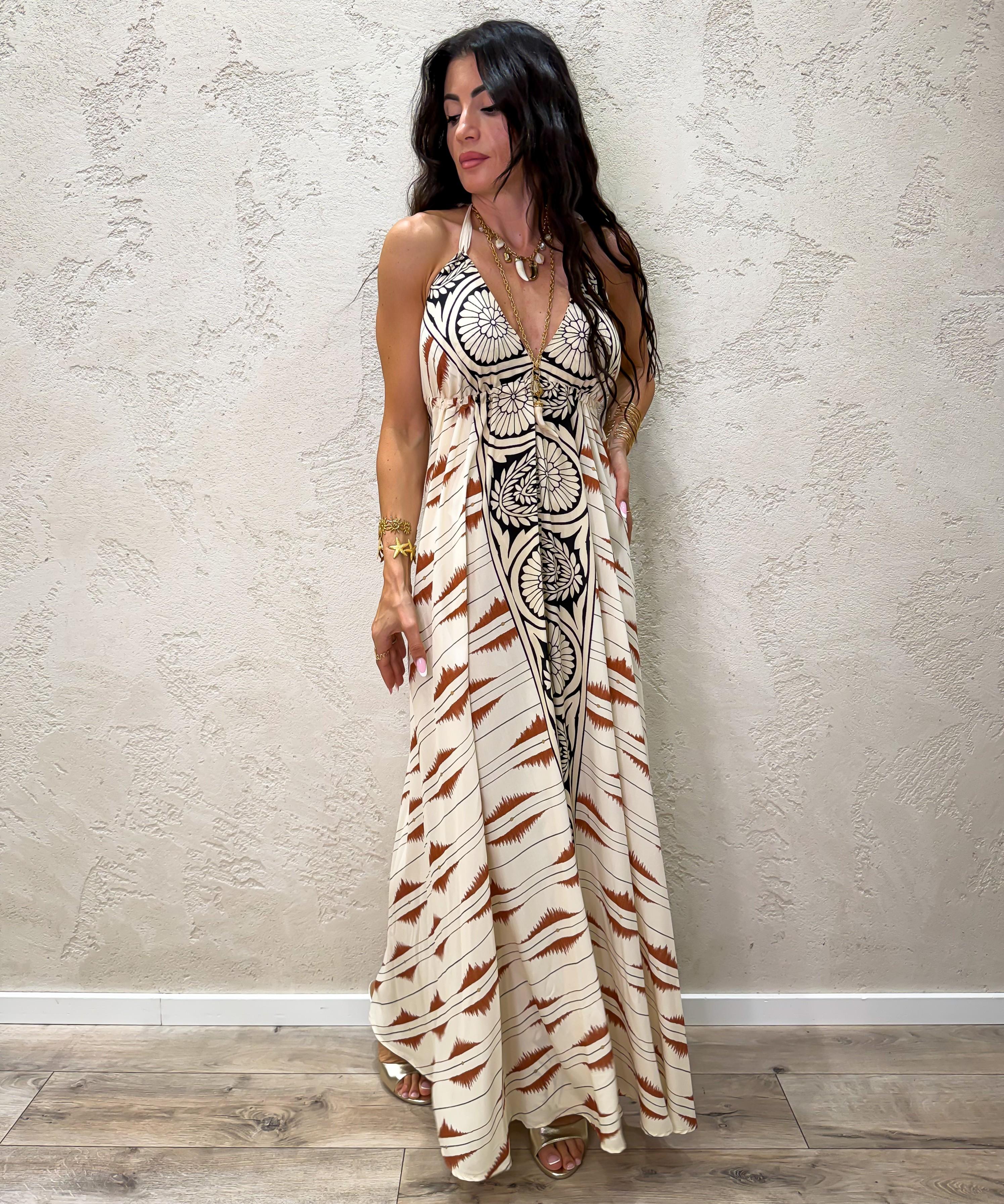 abito midi fantasia con scollo a v e schiena scoperta 100% viscosa AMA-Q263 FANTASIA HAVEONE 