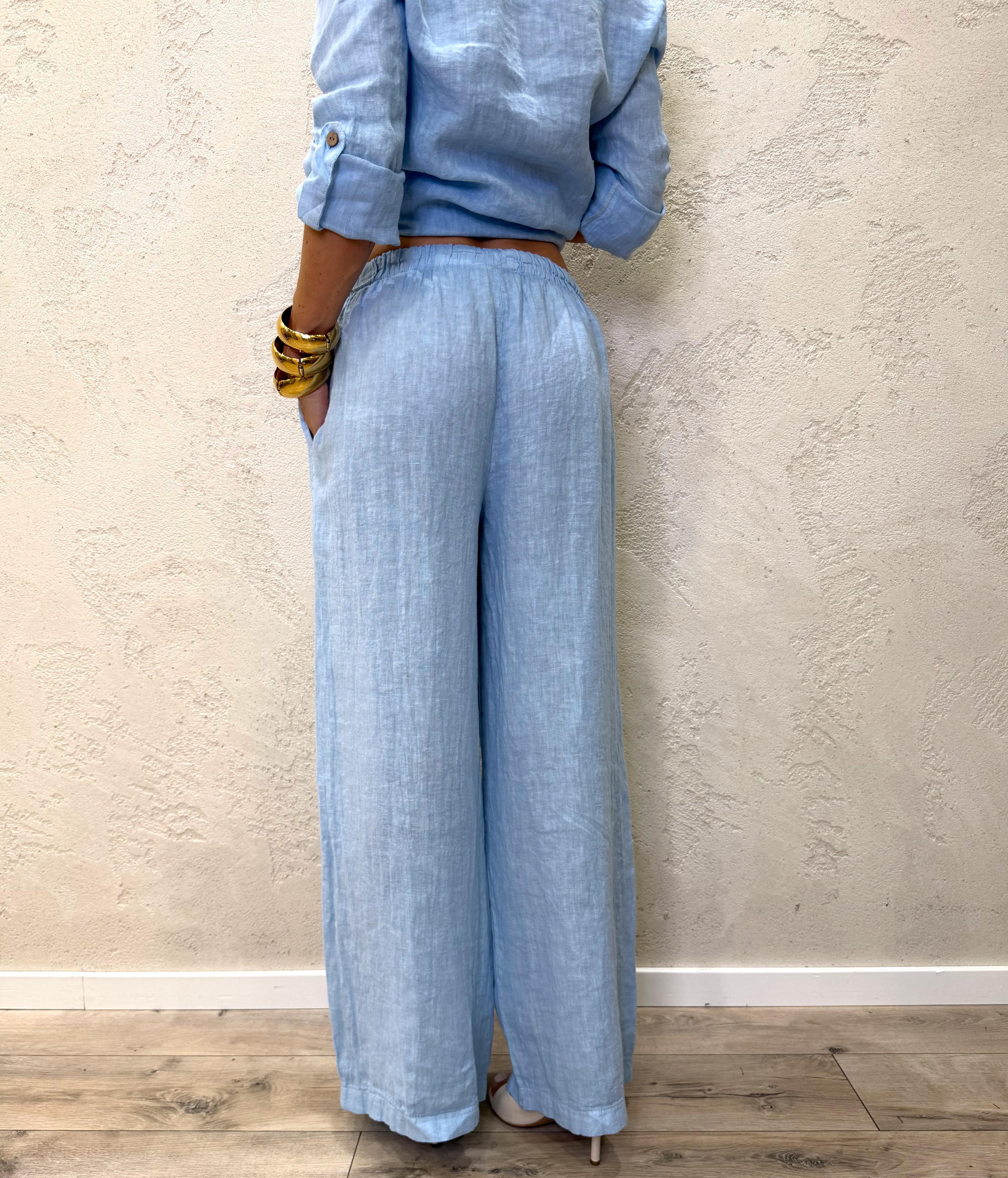 pantalone "ARIA"  a palazzo in 100% lino H5944 CIELO ELEVI 