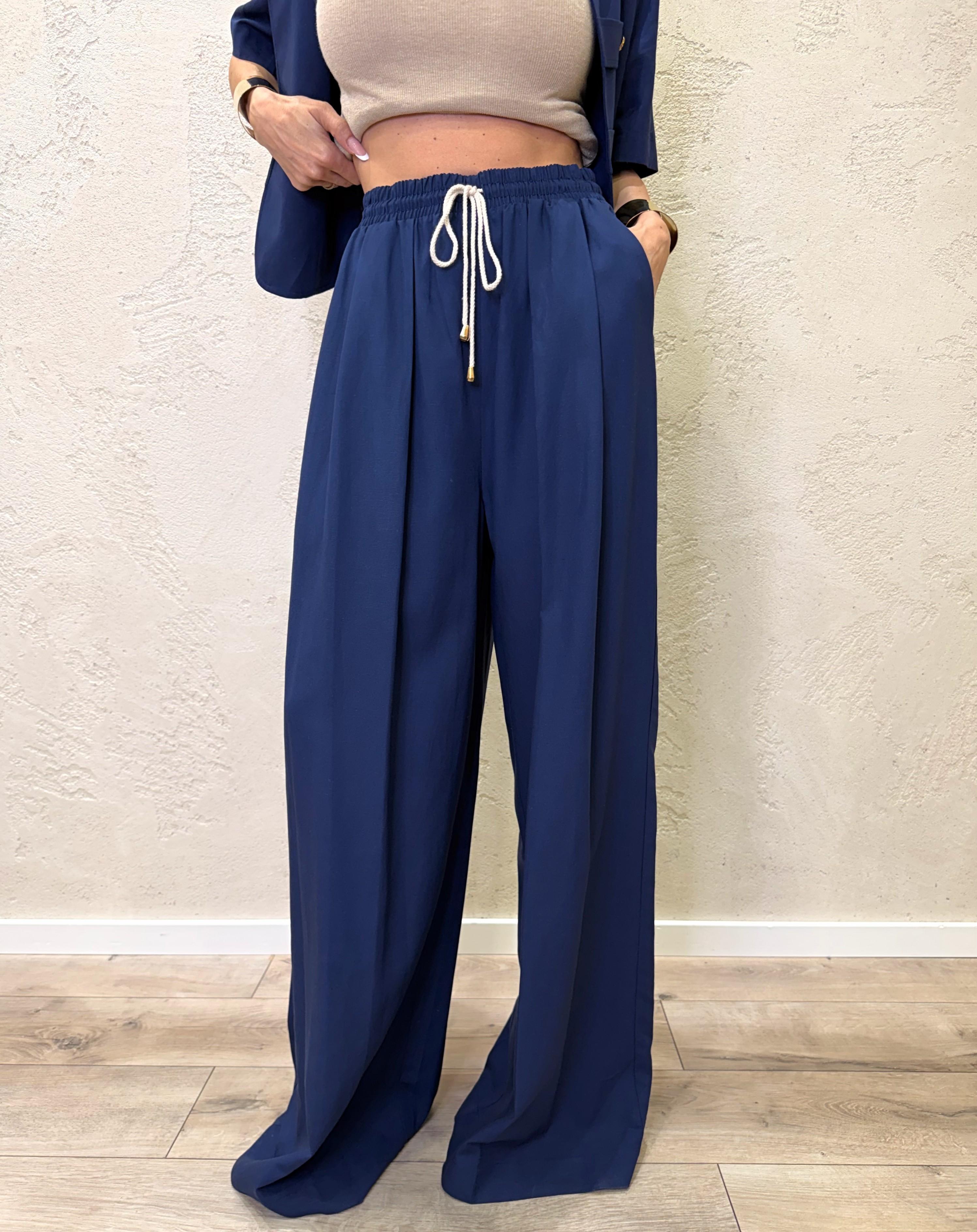 pantalone a palazzo morbido misto lino TAB2051 BLU VICOLO 