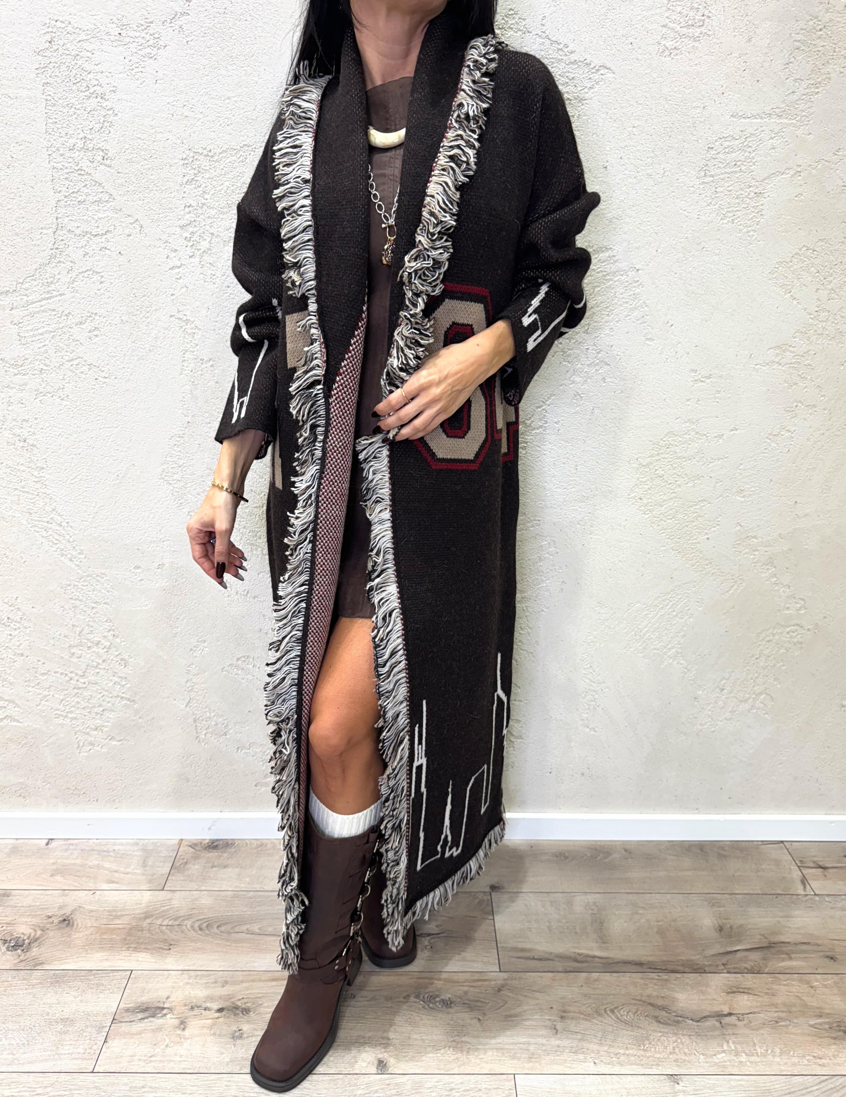 cardigan lungo in misto lana e alpaca sfrangiato W5HMG82A400 MORO MOTEL 