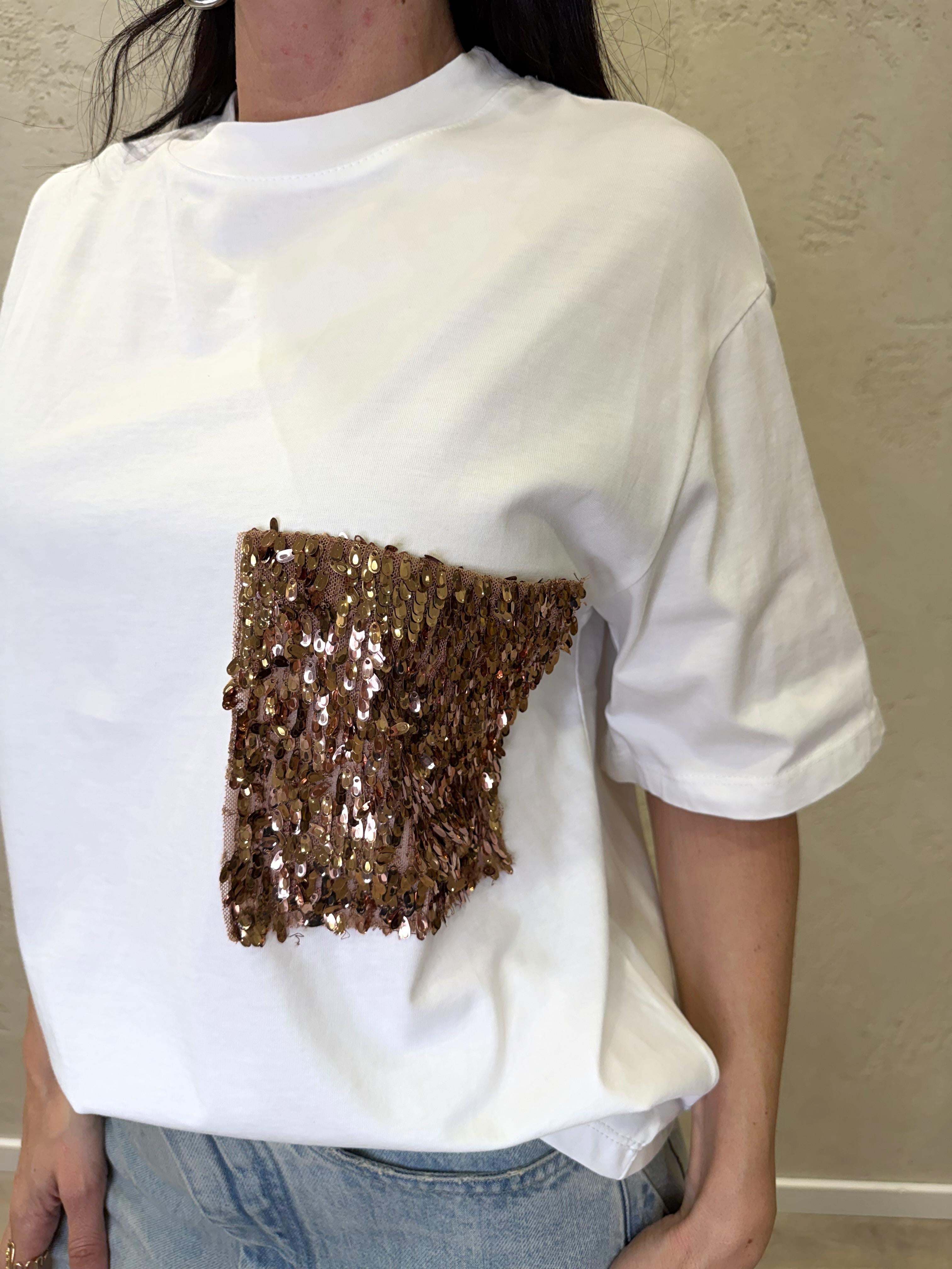 t-shirt con tasca pailettes PE260180 BIANCO/BRONZO TENSIONE IN 