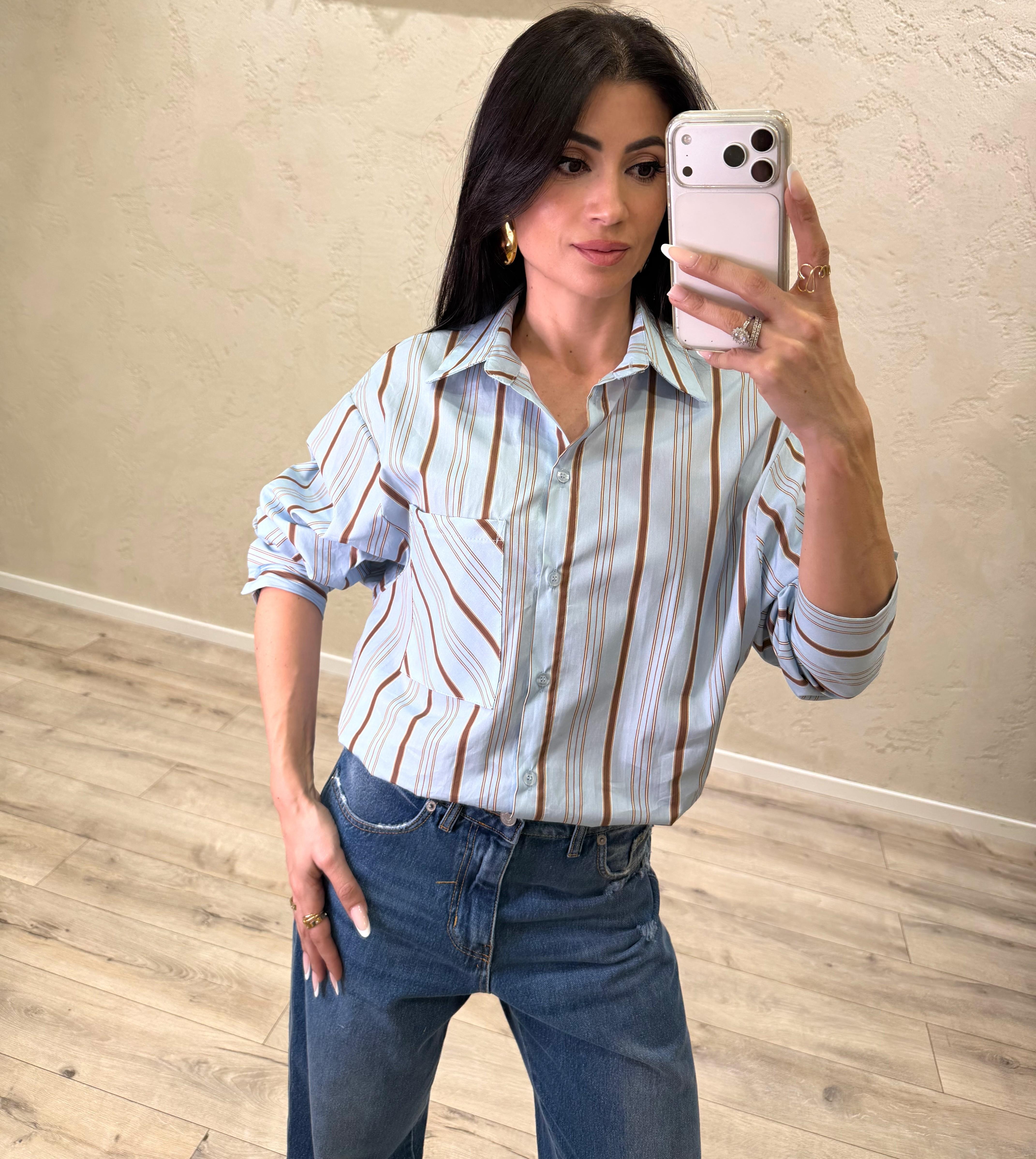 camicia morbida fantasia a righe CFW-Q178 CELESTE/TABACCO HAVEONE 