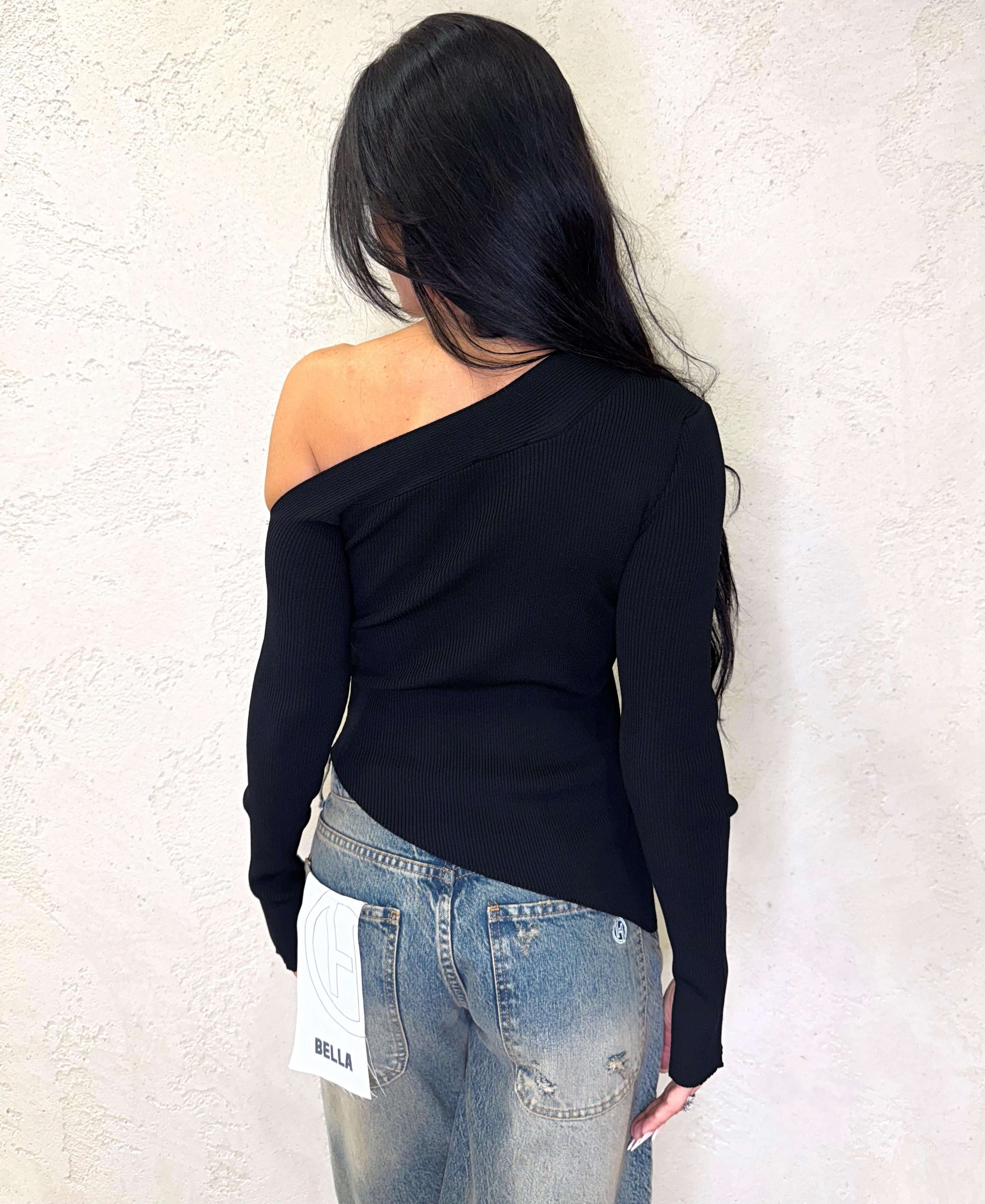 maglia a costine monospalla asimmetrica 44035F NERO VICOLO 