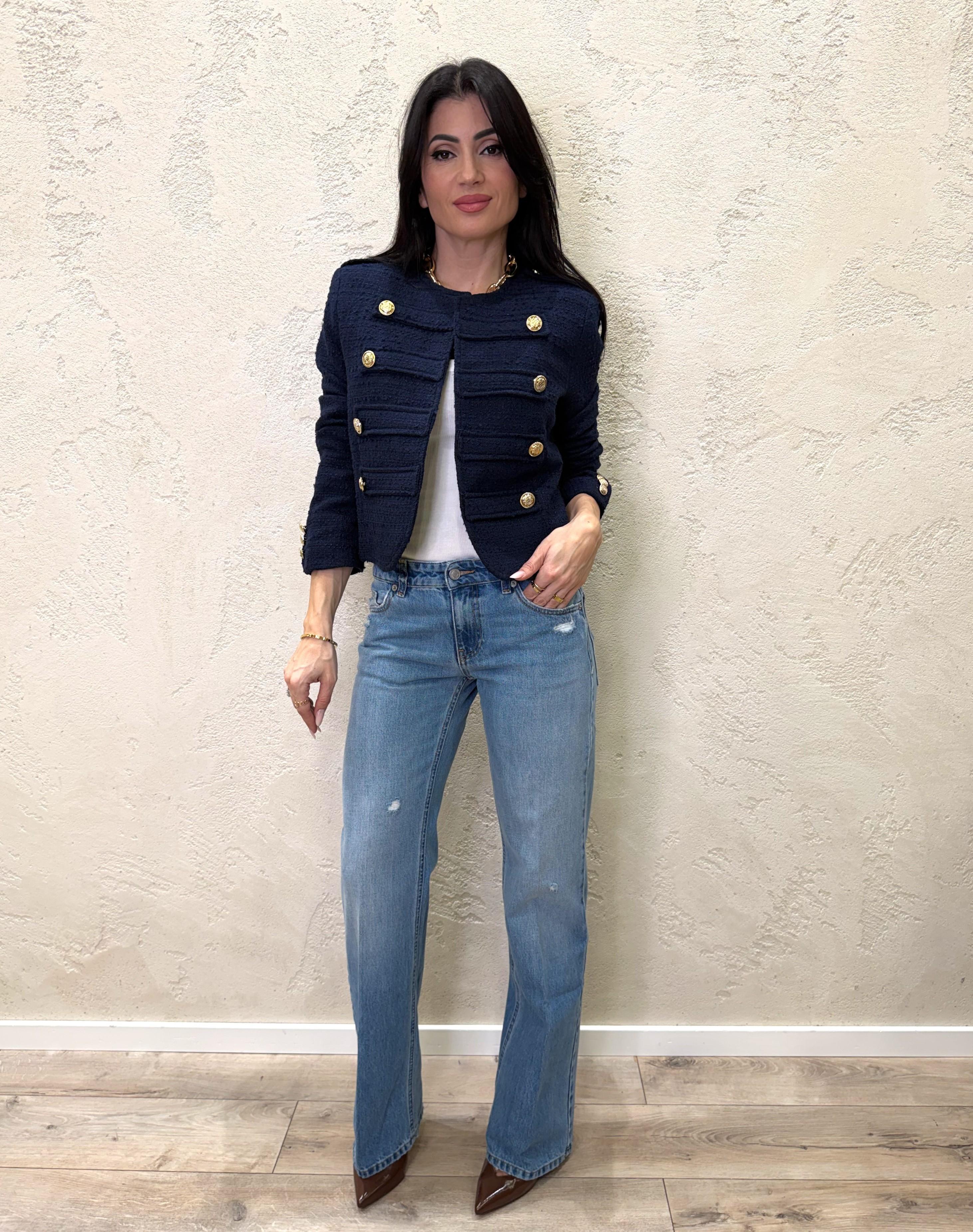 giacca napoleone bouclé modello a scatoletta 26B3718 BLU TENSIONE IN 