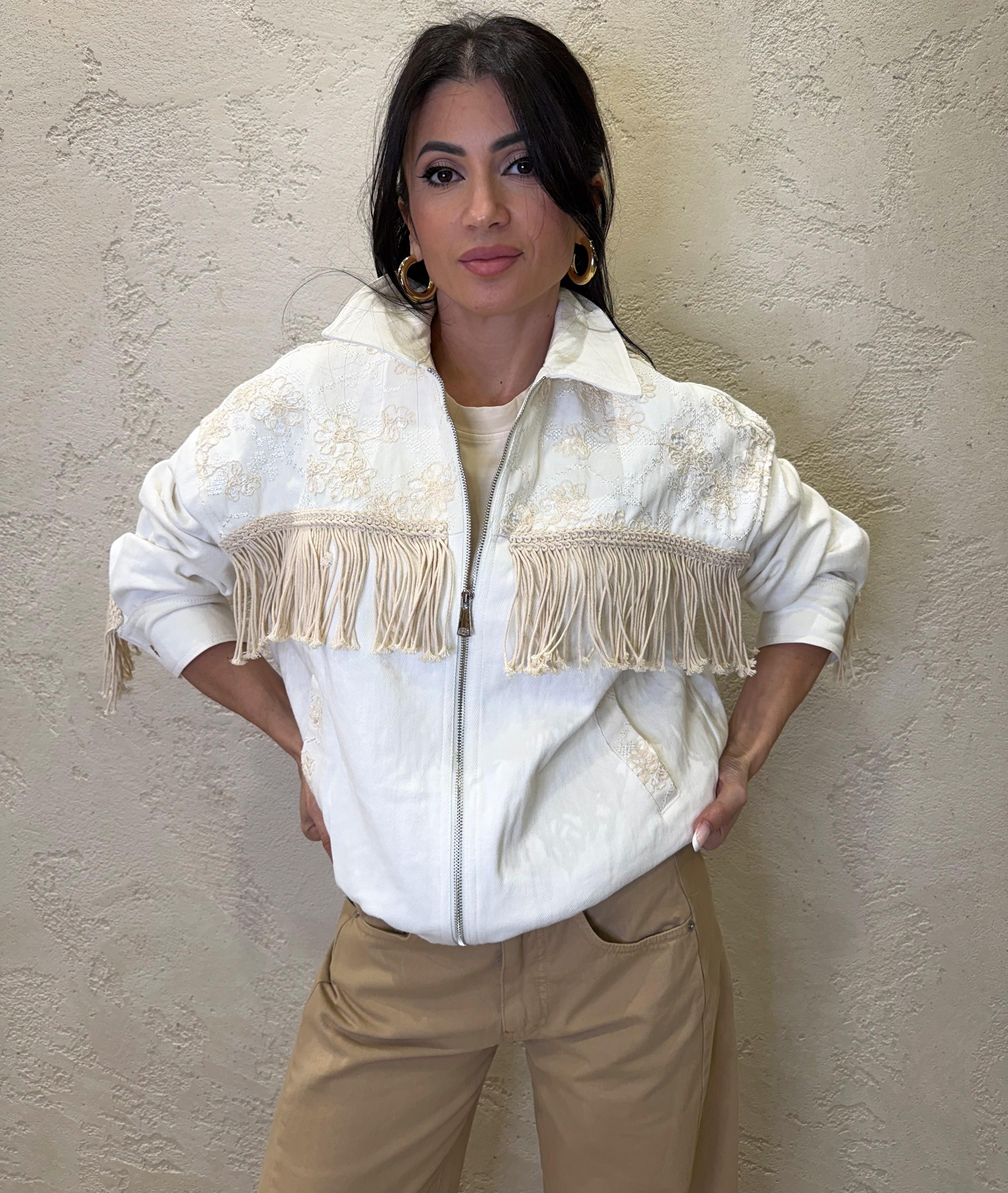 giacca in jeans modello bomber con frange e ricami. JSS-Q093 BIANCO HAVEONE 