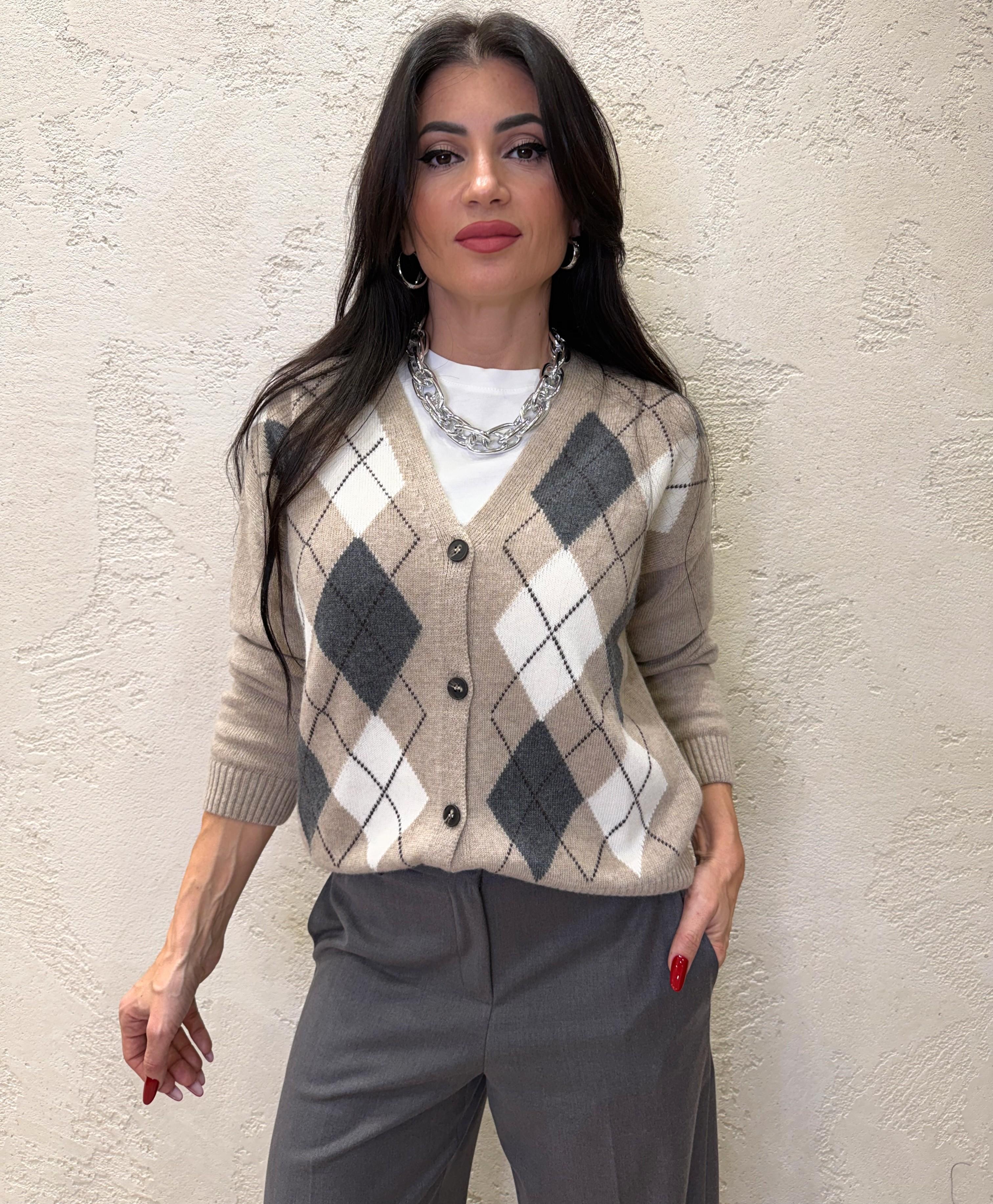 cardigan misto lana e chasmere fantasia rombi D82038 BEIGE TENSIONE IN 