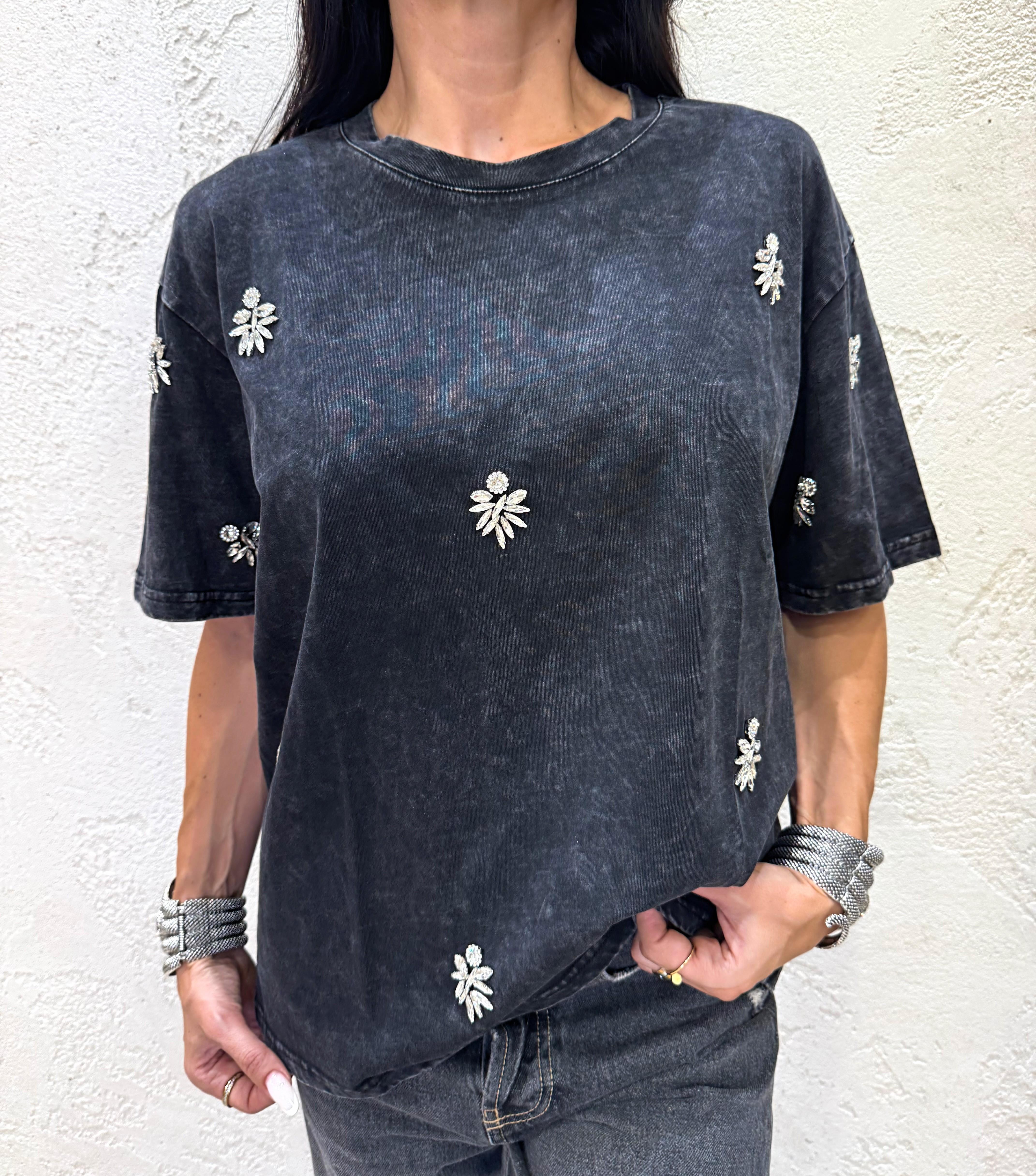 t-shirt con applicazioni gioiello KM7869 STONE WASHED SUSY MIX 