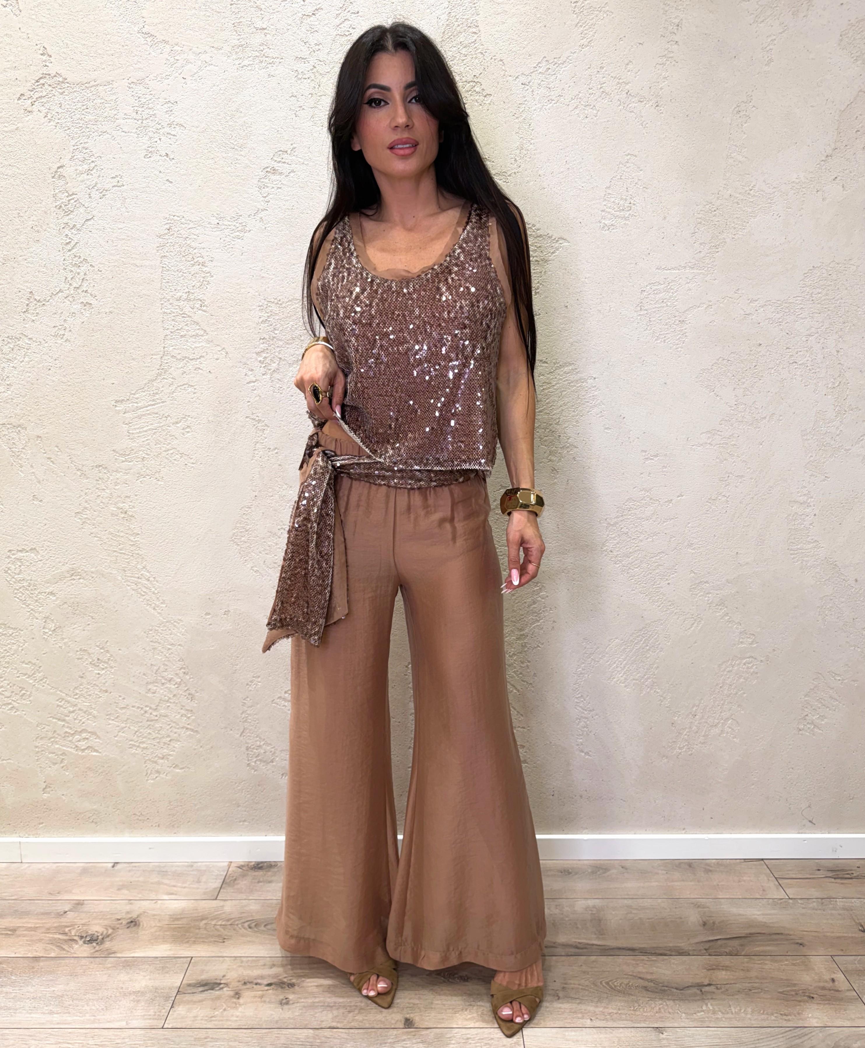 pantalone a palazzo in lyocell con fusciacca in paillettes PVS-Q512 CAMMELLO HAVEONE 