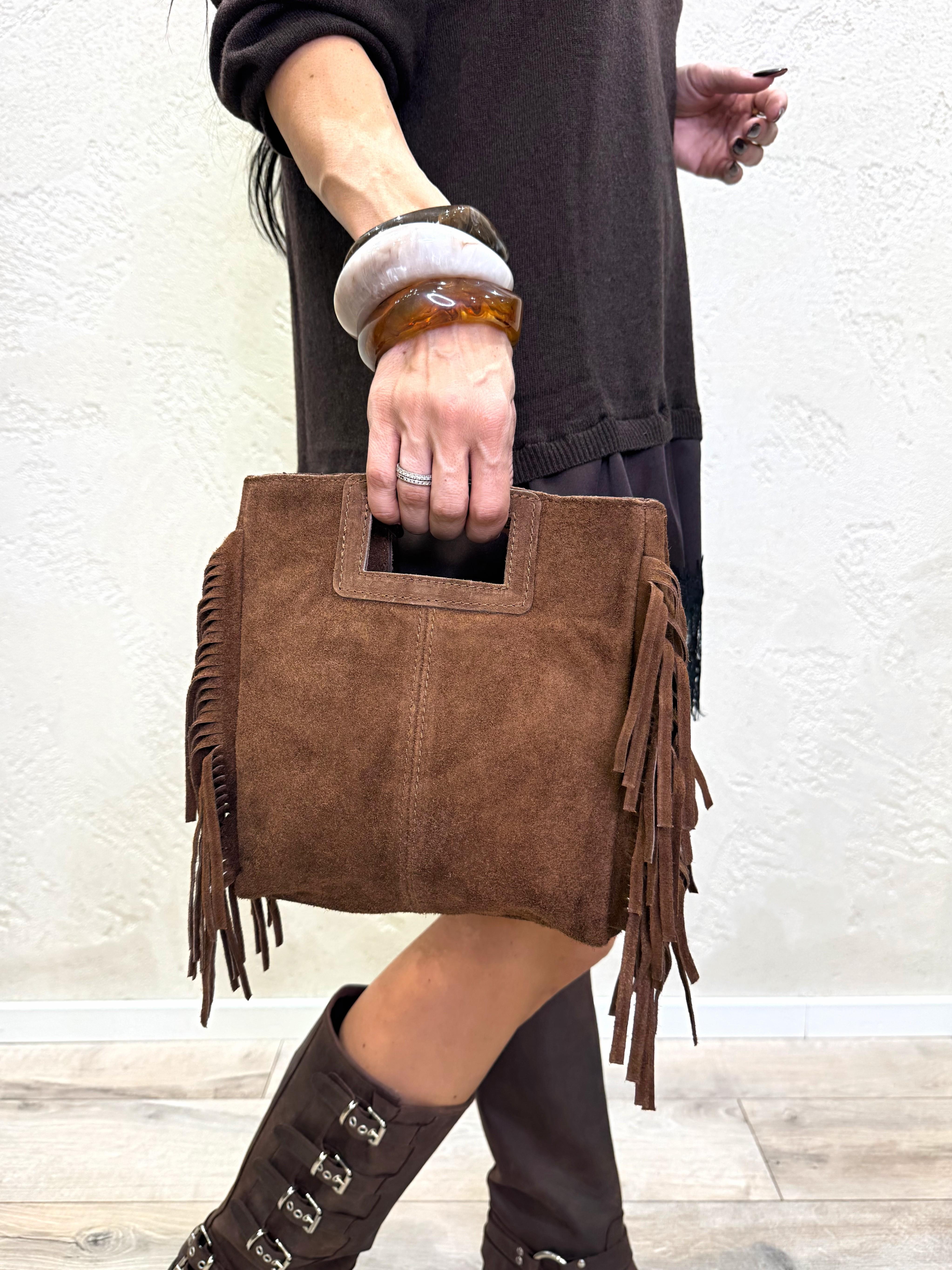 borsa a mano in vera pelle scamosciata con frange WCP-N090 TABACCO HAVEONE 