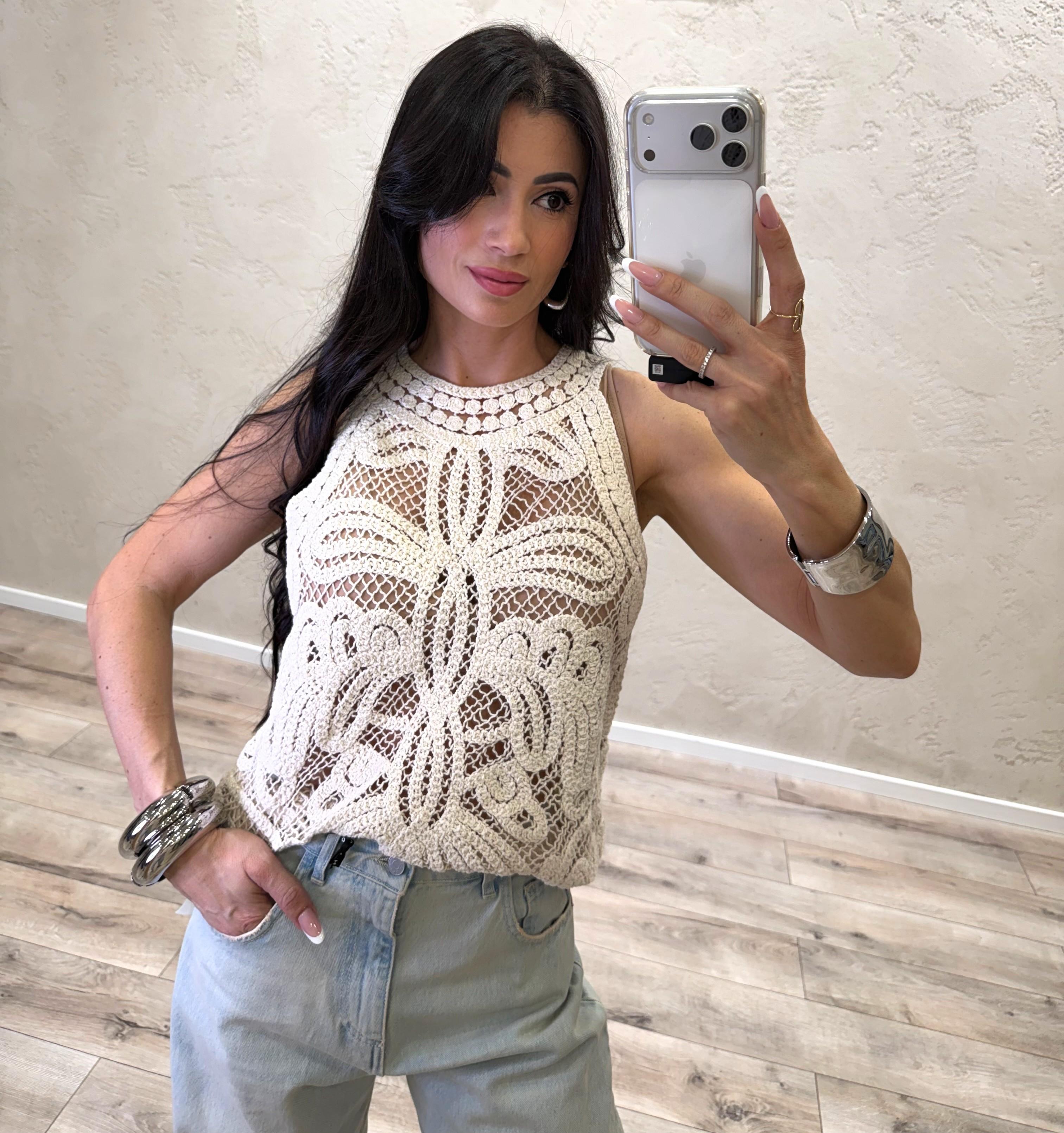 canotta crochet con scollo all'americana 38034 LATTE SUSY MIX 