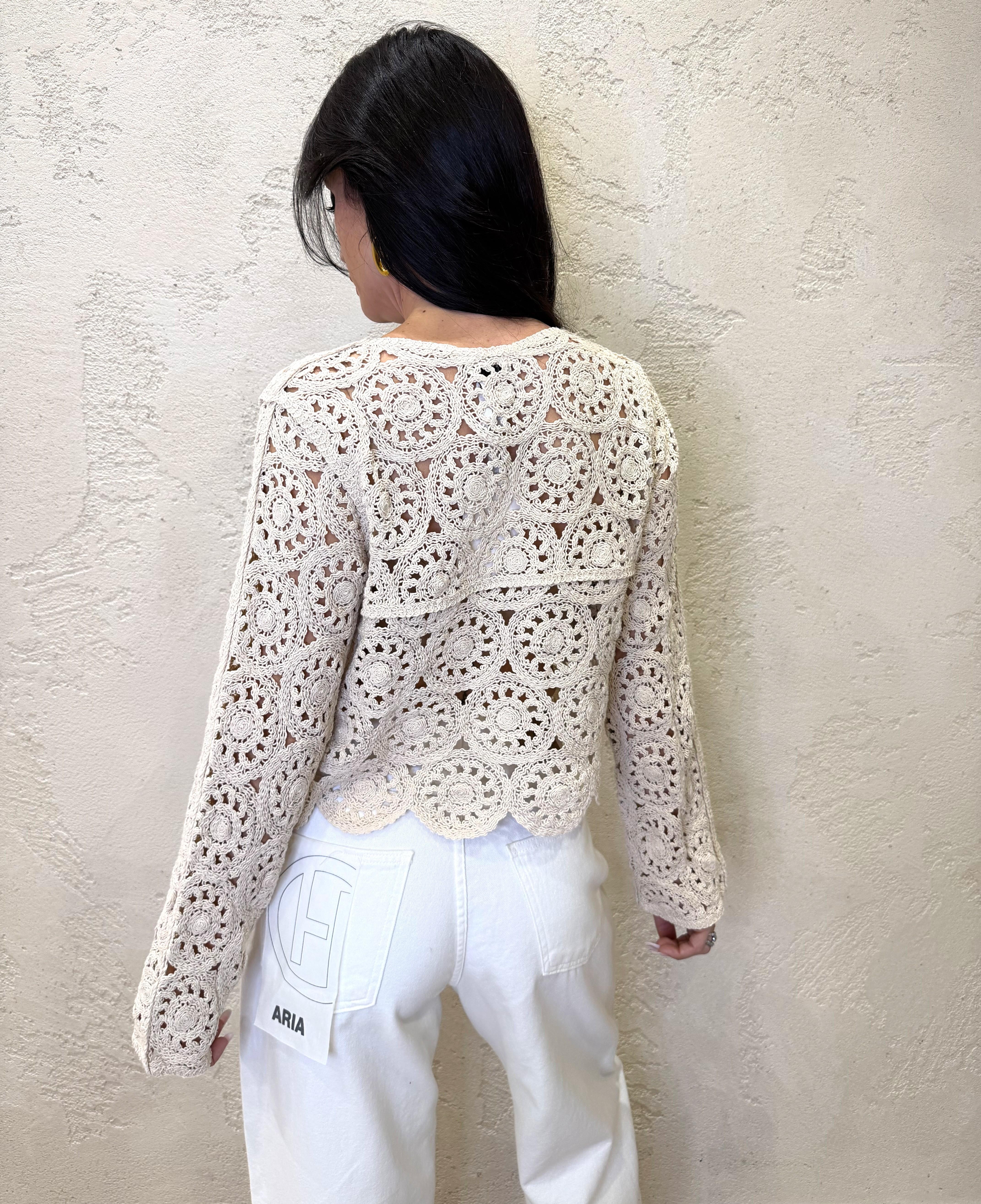 cardigan in crochet con bottoni in legno 2628005 LATTE SUSY MIX 