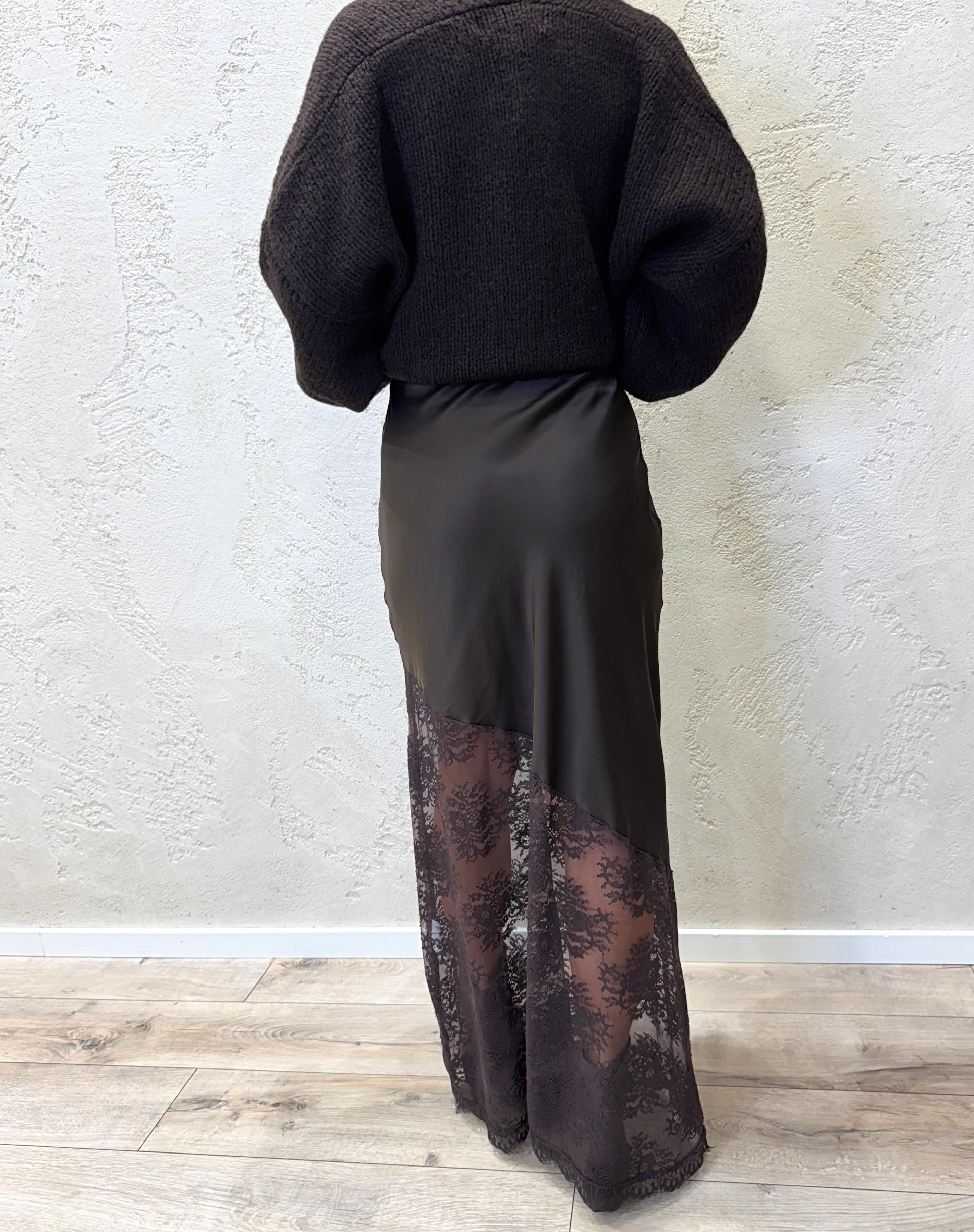 gonna lunga doppio tessuto satin e pizzo GMA-9064 MORO HAVEONE 