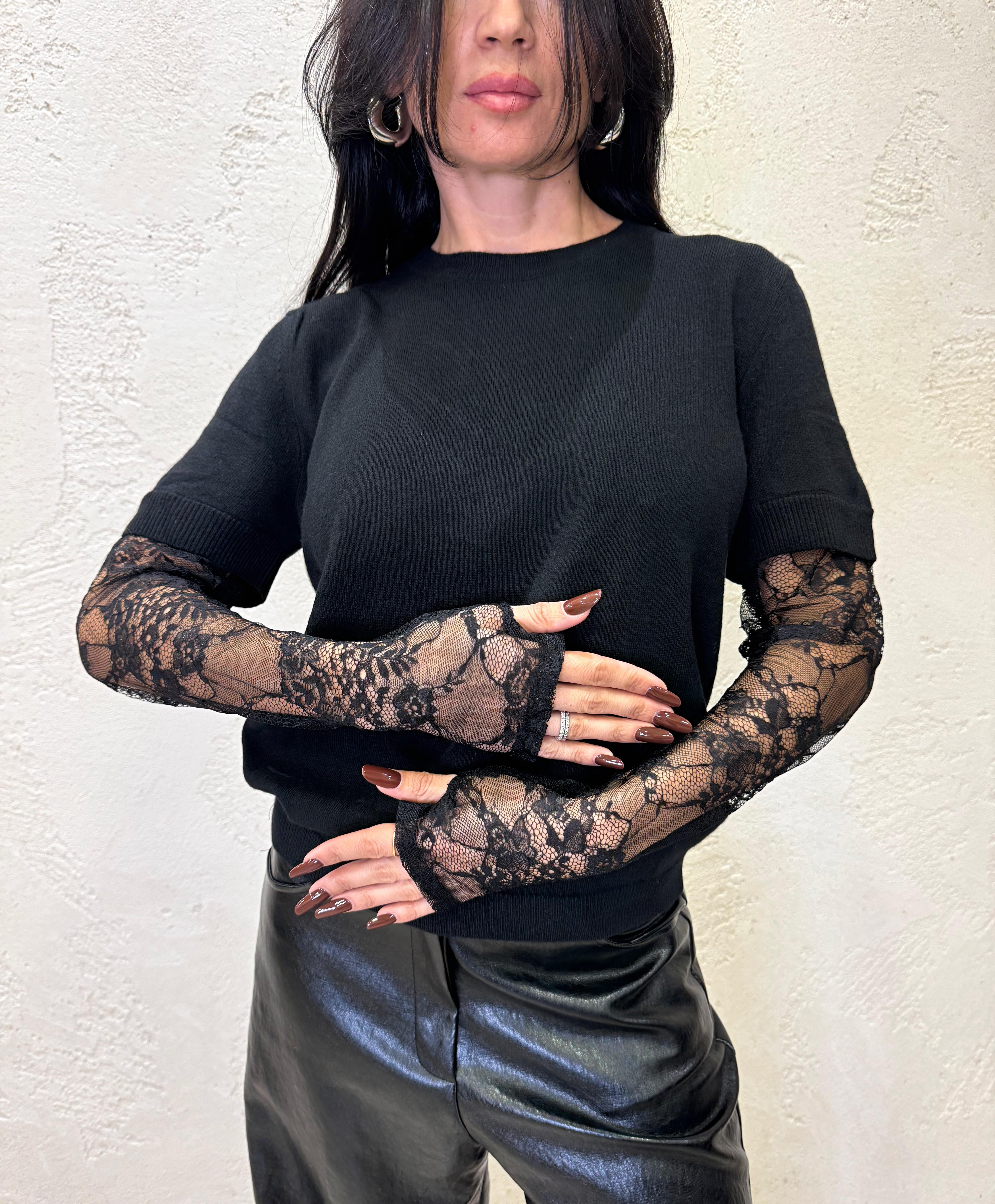 pull misto chashmere con manicotti in pizzo 22199F NERO VICOLO 