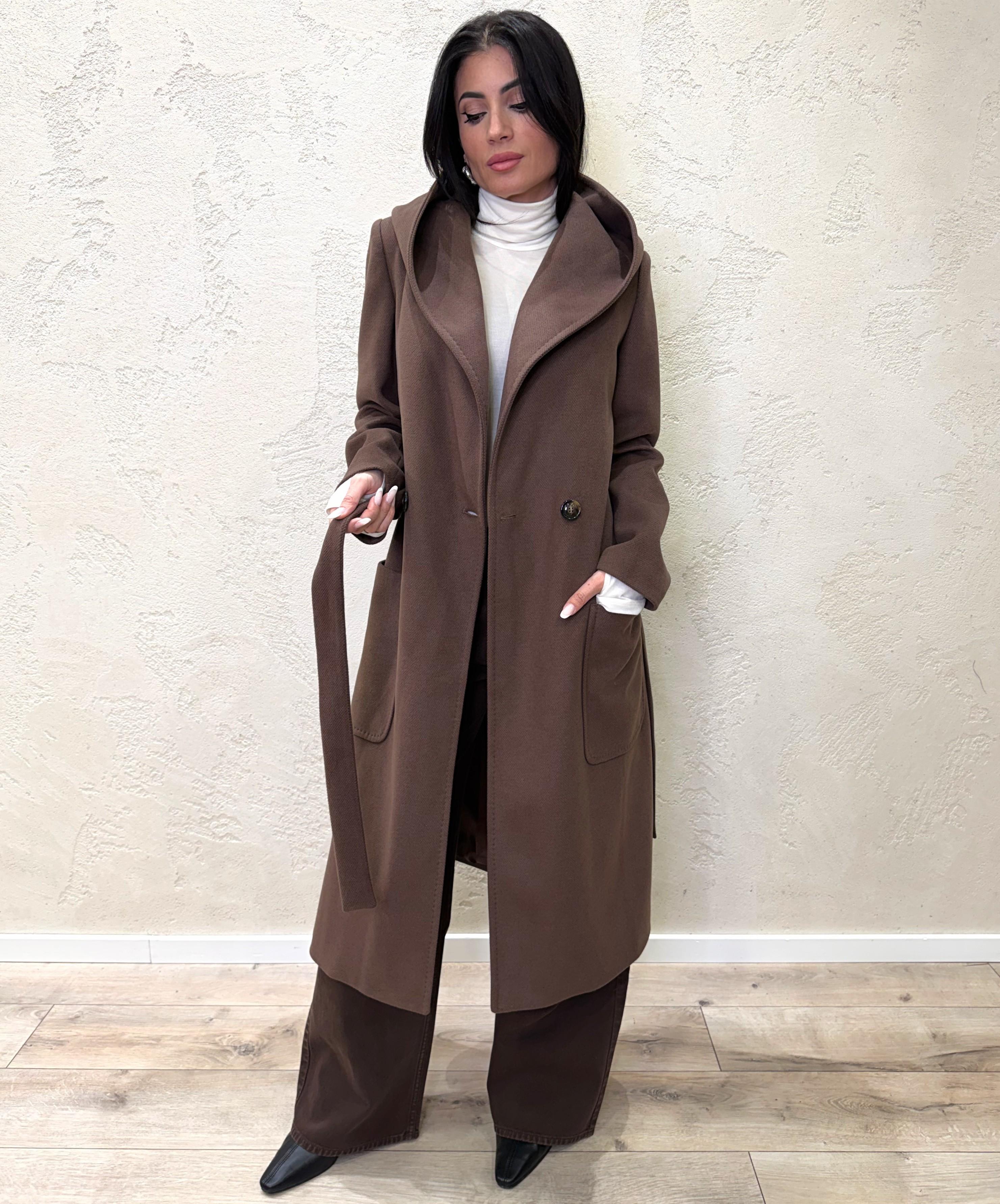 cappotto lungo doppio petto con cappuccio e cintura 9999MRKAI25 CIOCCOLATO TENSIONE IN 