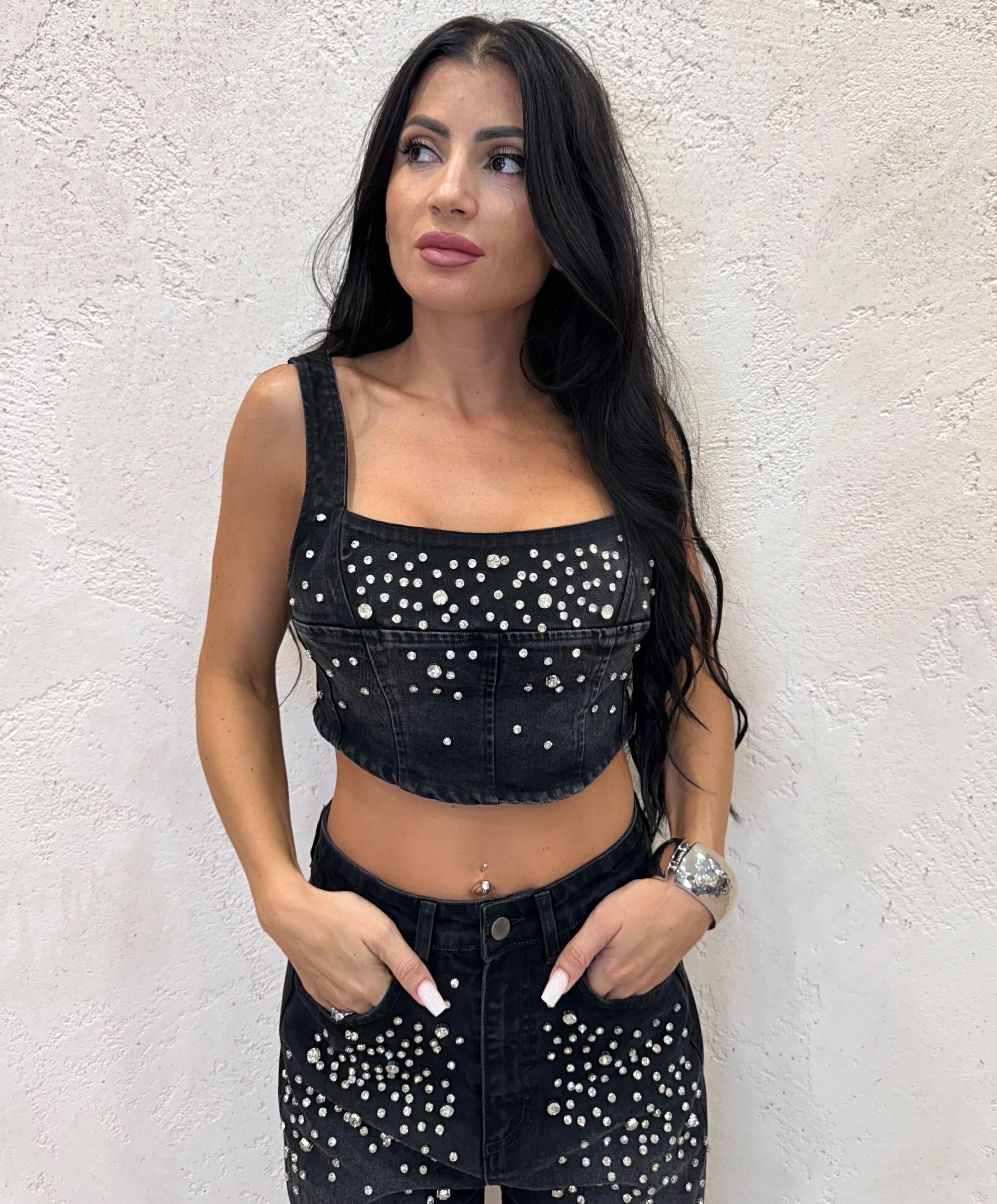 top in jeans con strass TI2449 NERO TENSIONE IN 