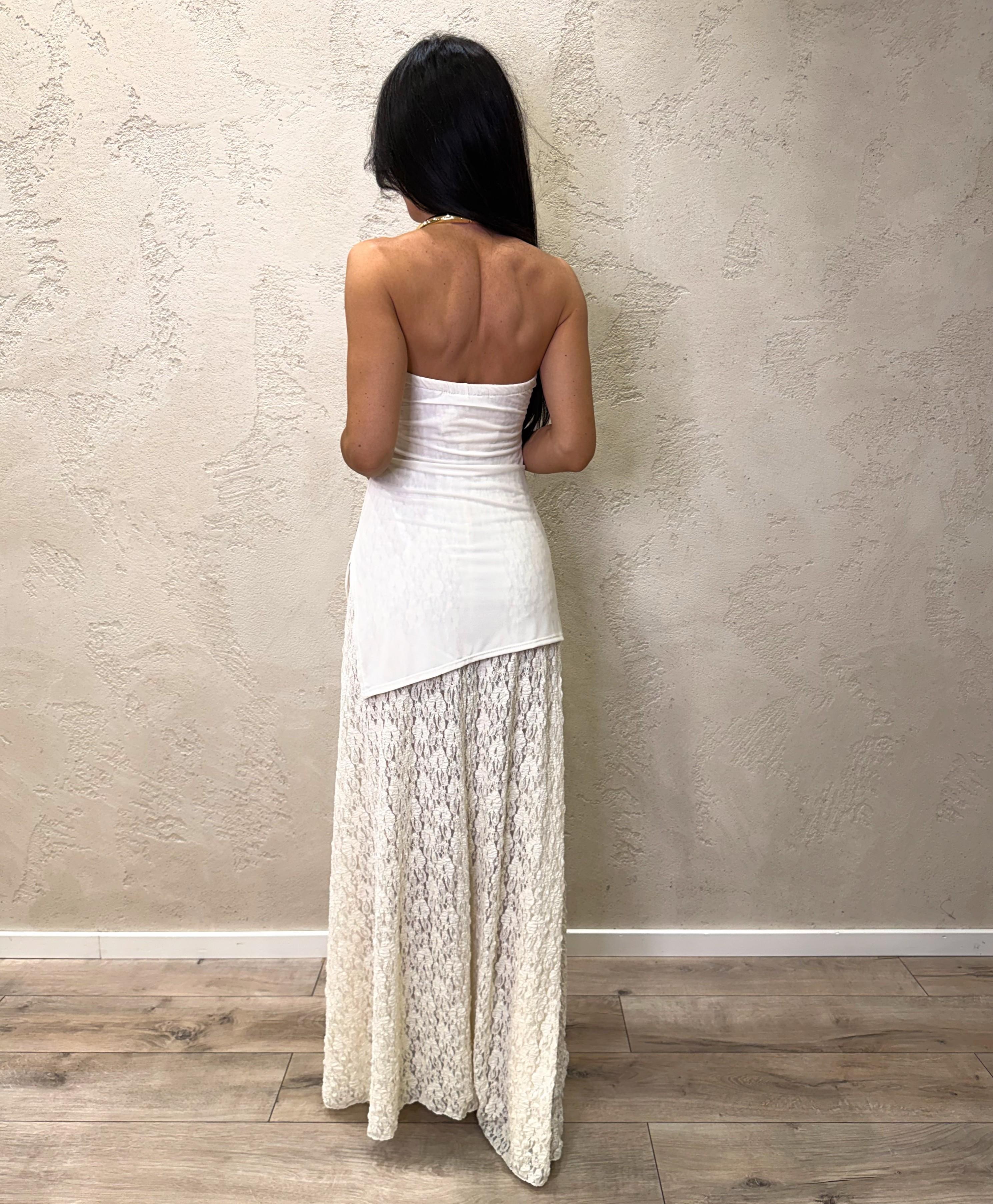 abito lungo a fascia in dobbio tessuto con fondo in pizzo A118263 LATTE SUSY MIX 