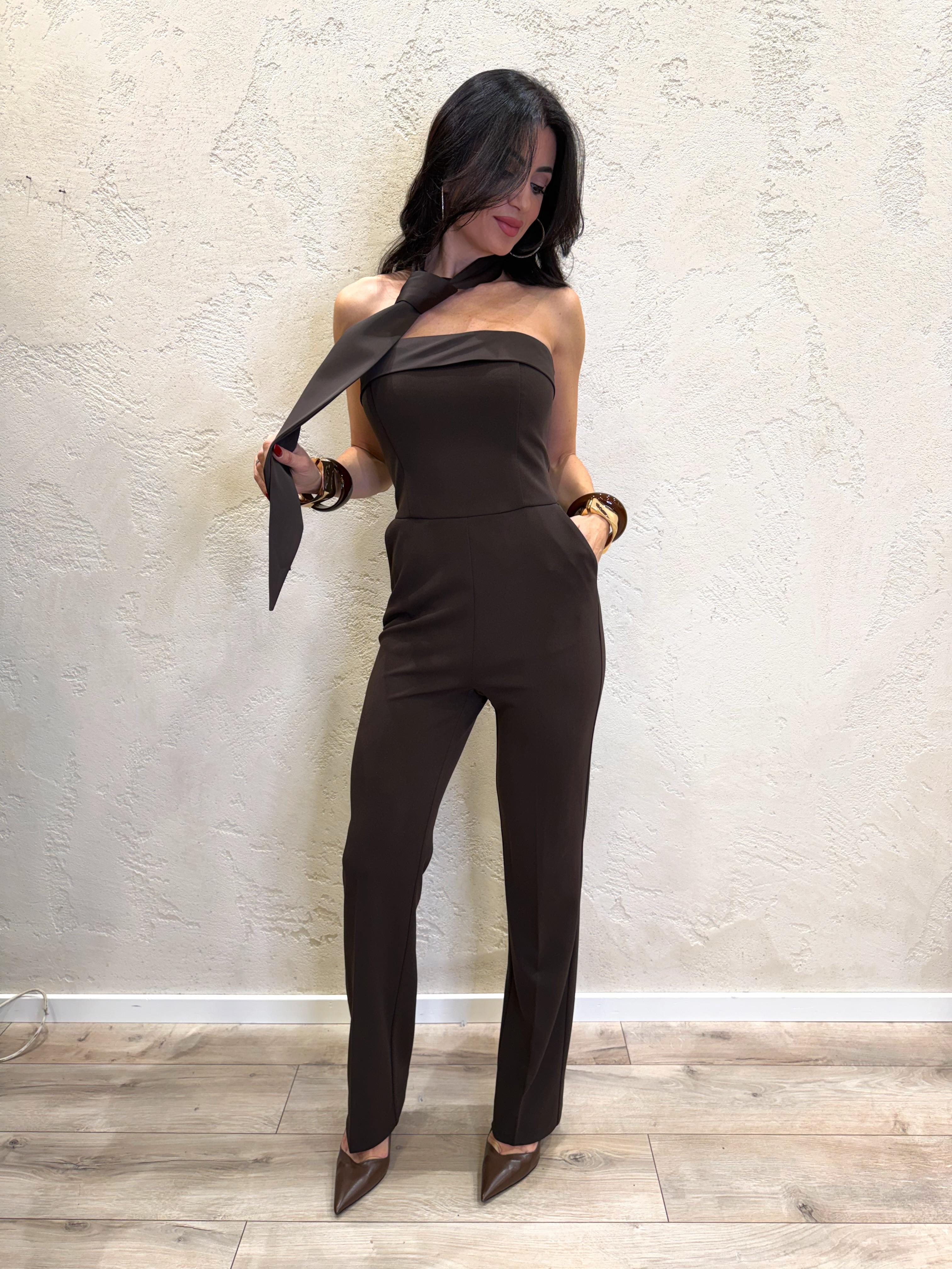 tuta a fascia in crepe elasticizzato con cravatta e gamba dritta Y563KAW MORO IMPERIAL 