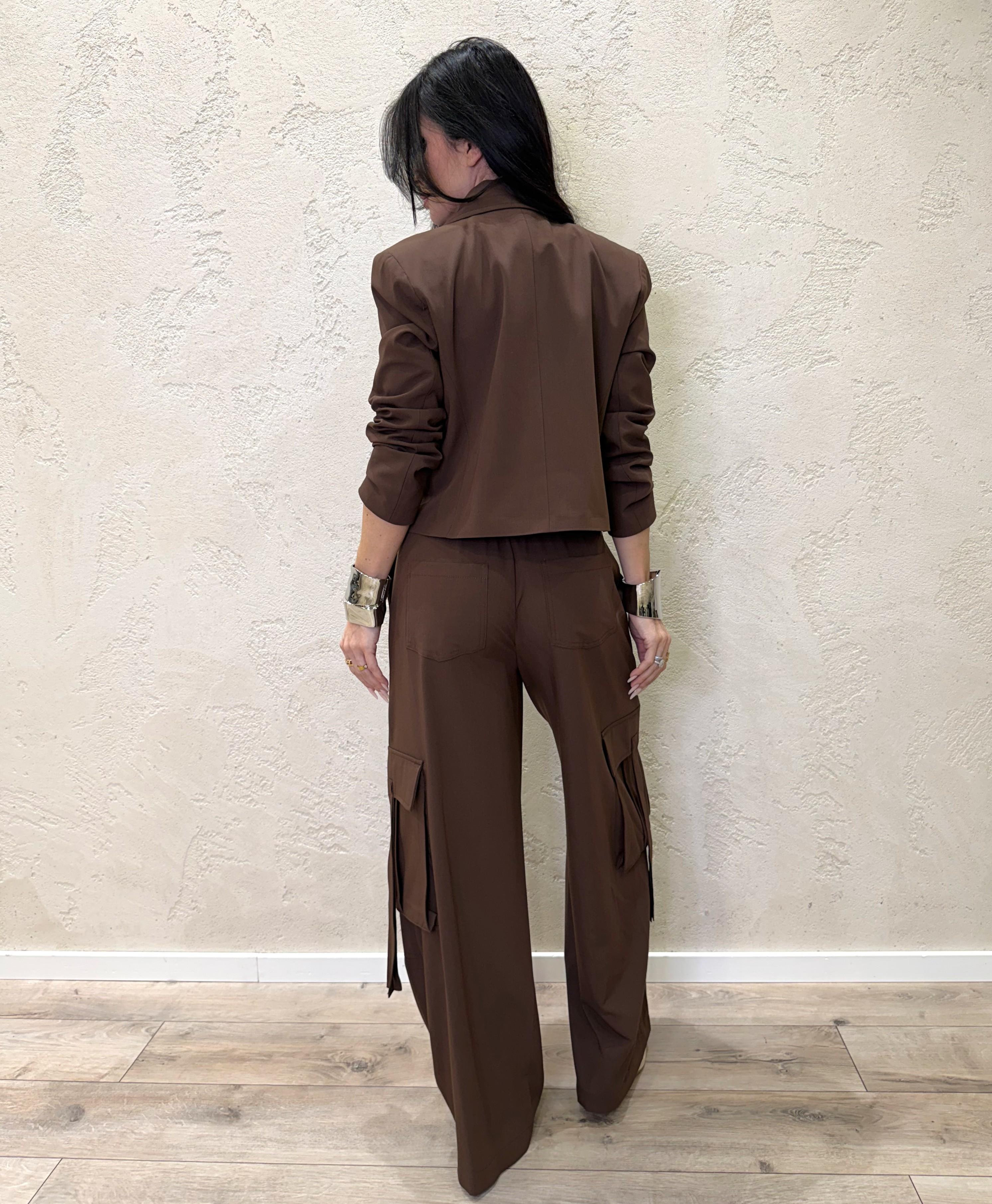 pantaloni cargo a palazzo con vita elasticizzata finto boxer 26P3727 MORO TENSIONE IN 