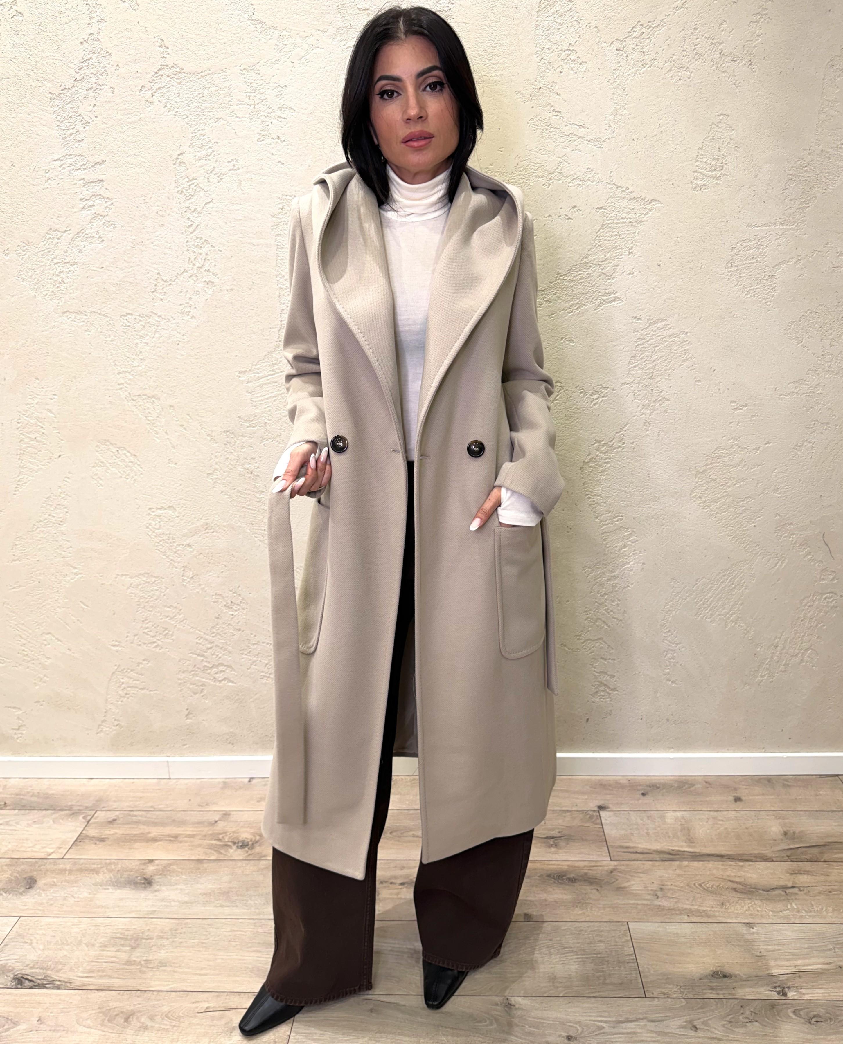 cappotto lungo doppio petto con cappuccio e cintura 9999MRKAI25 AVORIO TENSIONE IN 