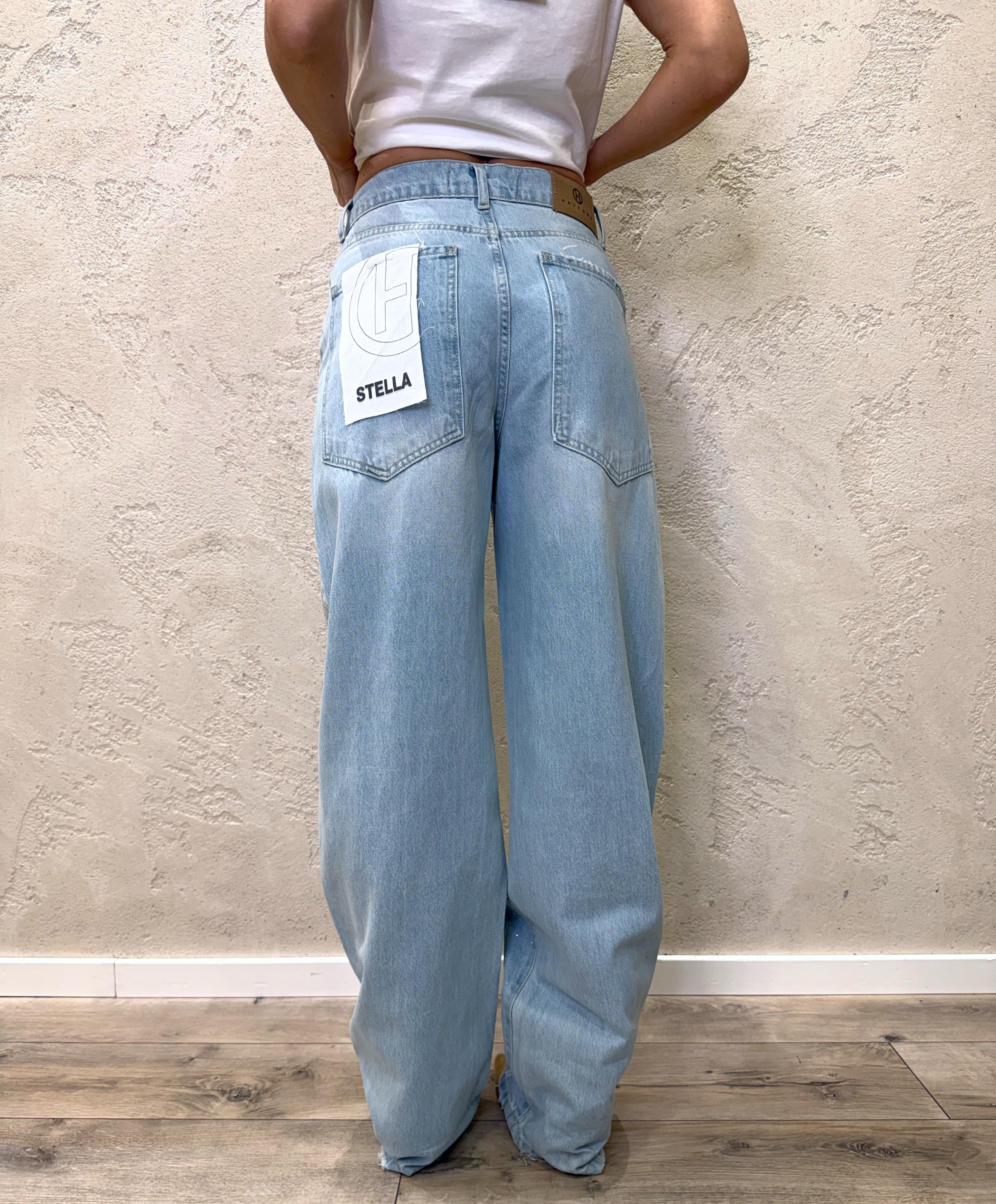 jeans modello stella in tela ferma a gamba dritta con strass PLS-Q041 DENIM CHIARO HAVEONE 