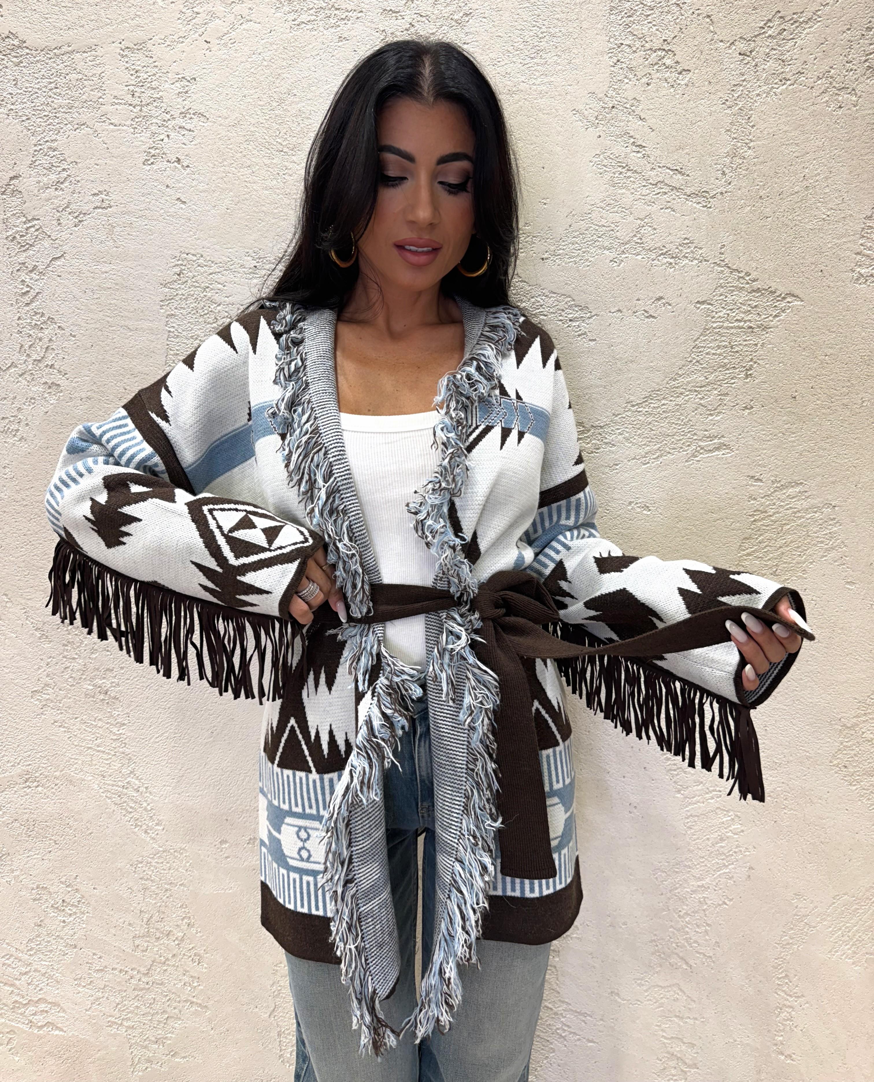 cardigan con frange in misto lana e alpaca 77190F MORO/AZZURRO VICOLO 