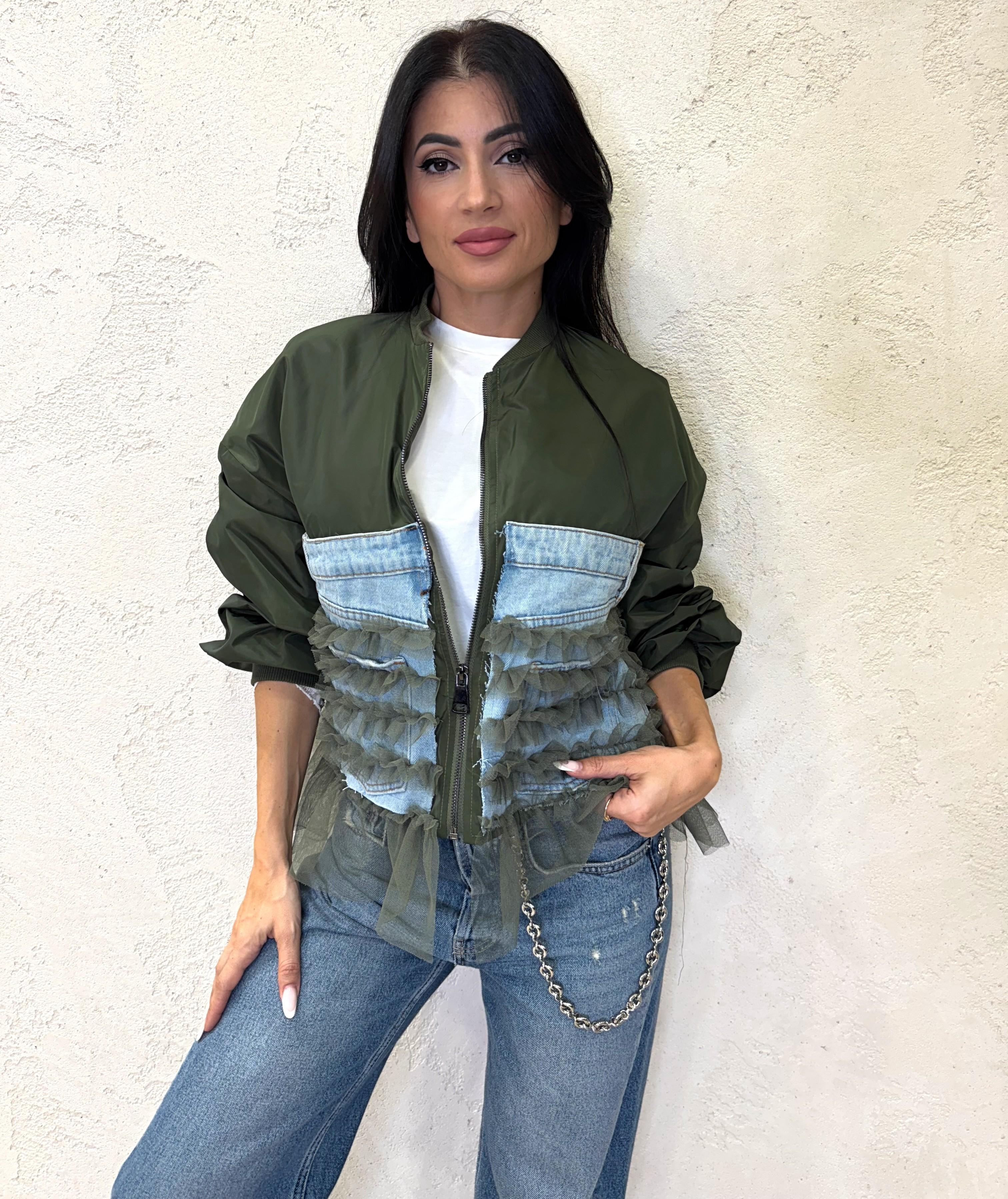 bomber in nylon con inserti denim e tulle S2774 VERDE MILITARE SUSY MIX 