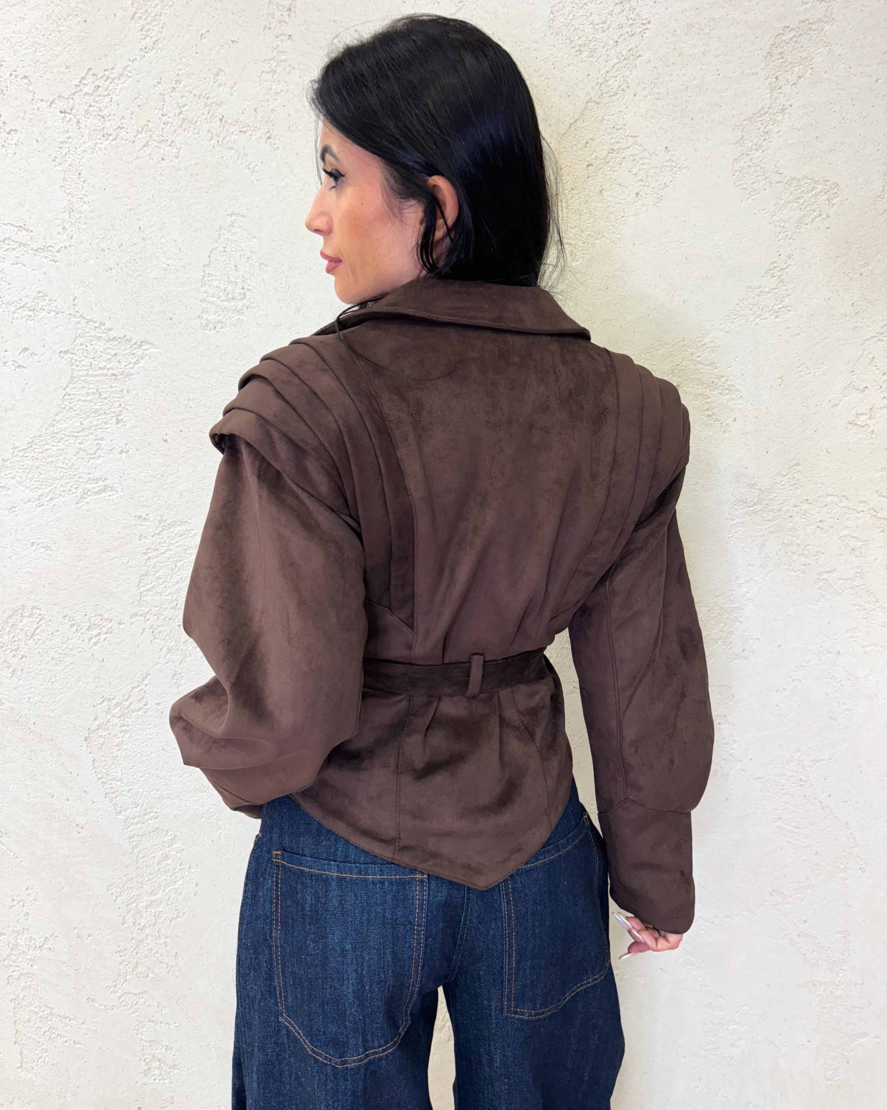 giacca scamosciata con spalle strutturate e cintura 2892 MORO SUSY MIX 
