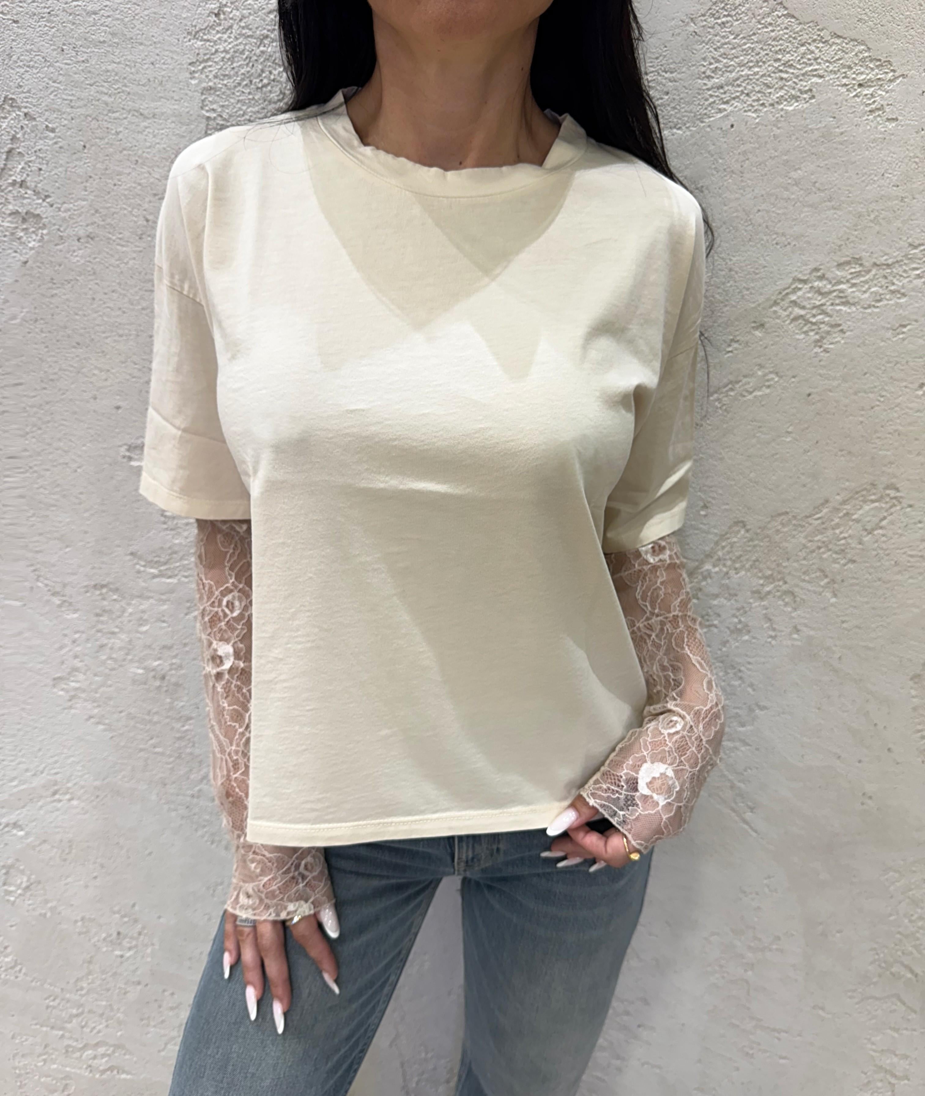t-shirt con maniche in pizzo 11073 BEIGE SUSY MIX 