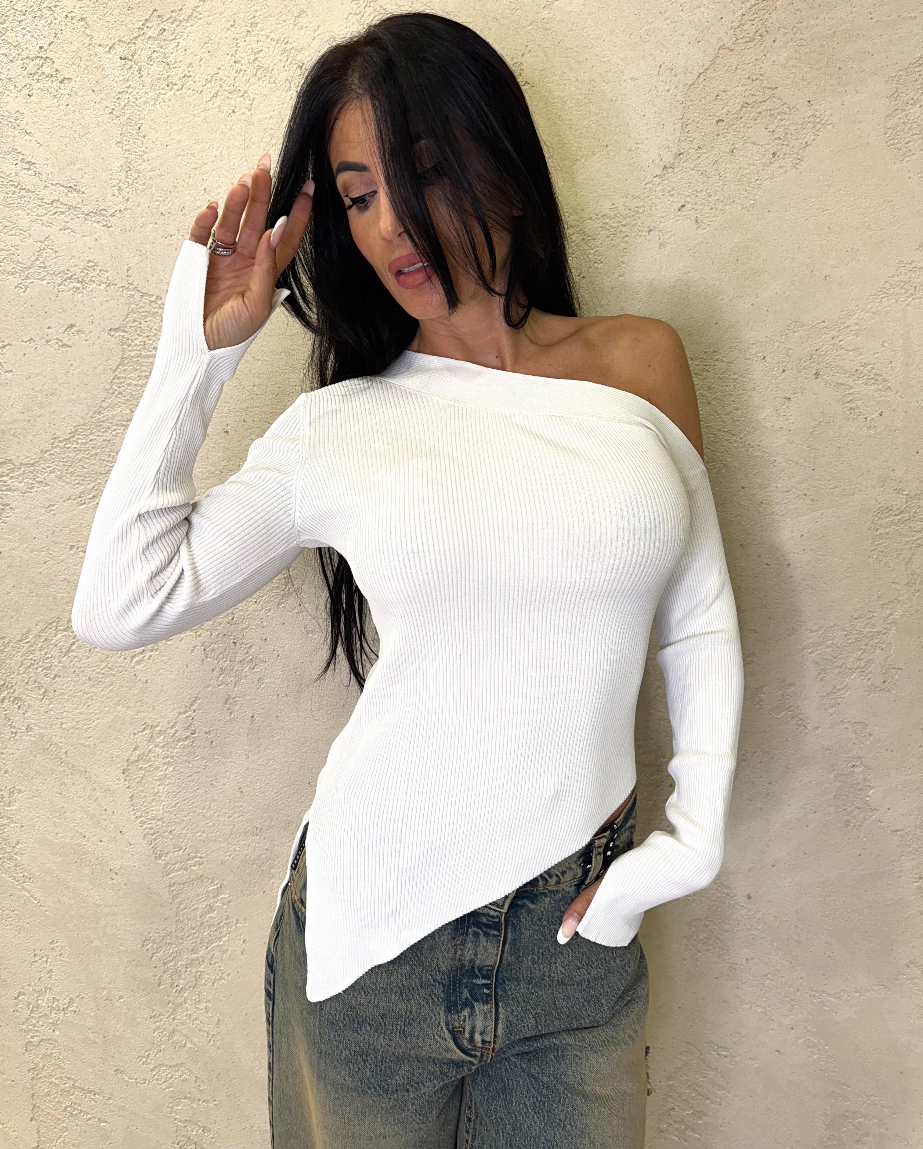 maglia a costine monospalla asimmetrica 44035F BIANCO VICOLO 