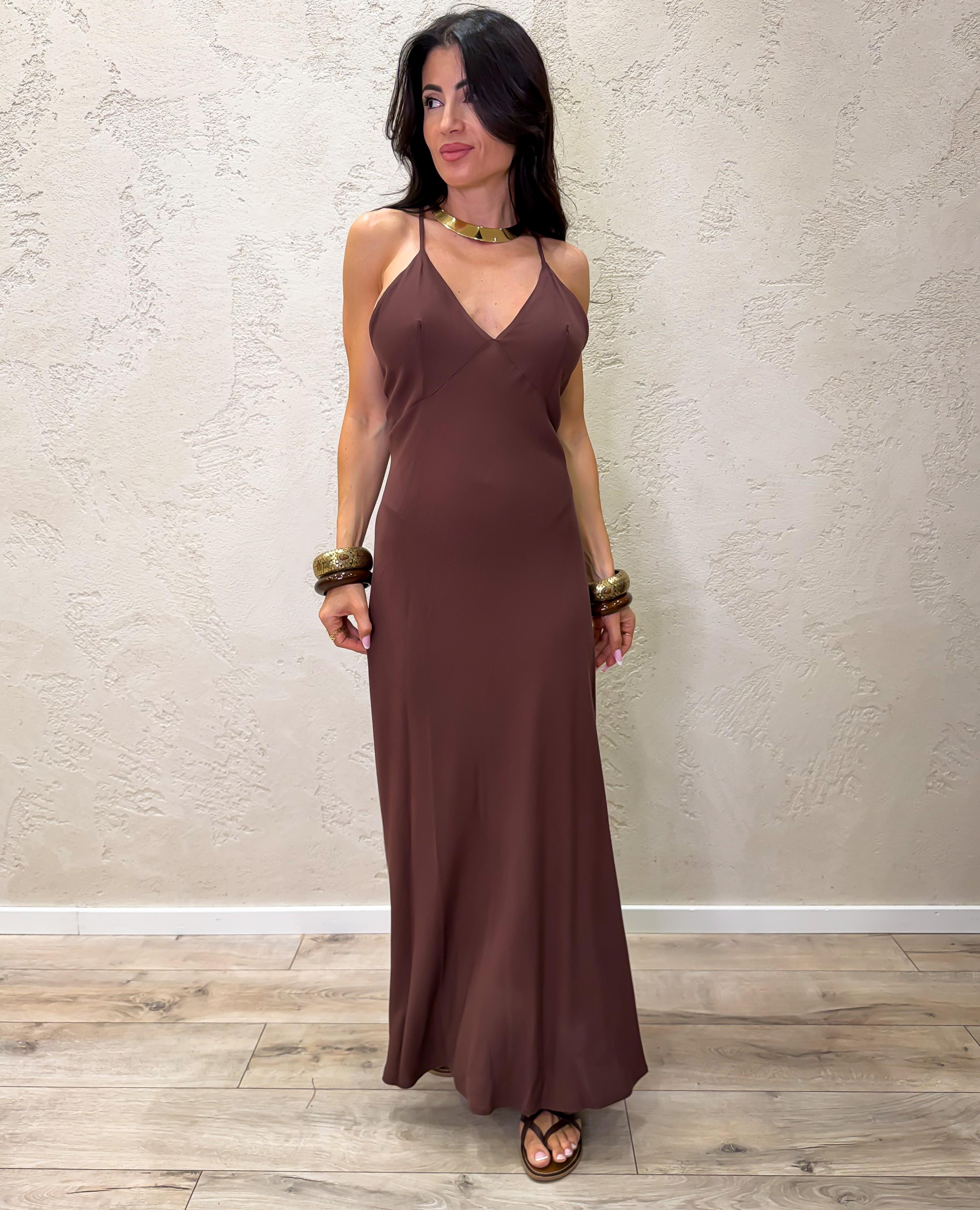 abito lungo in viscosa con accessorio V12610B672 MORO SUSY MIX 