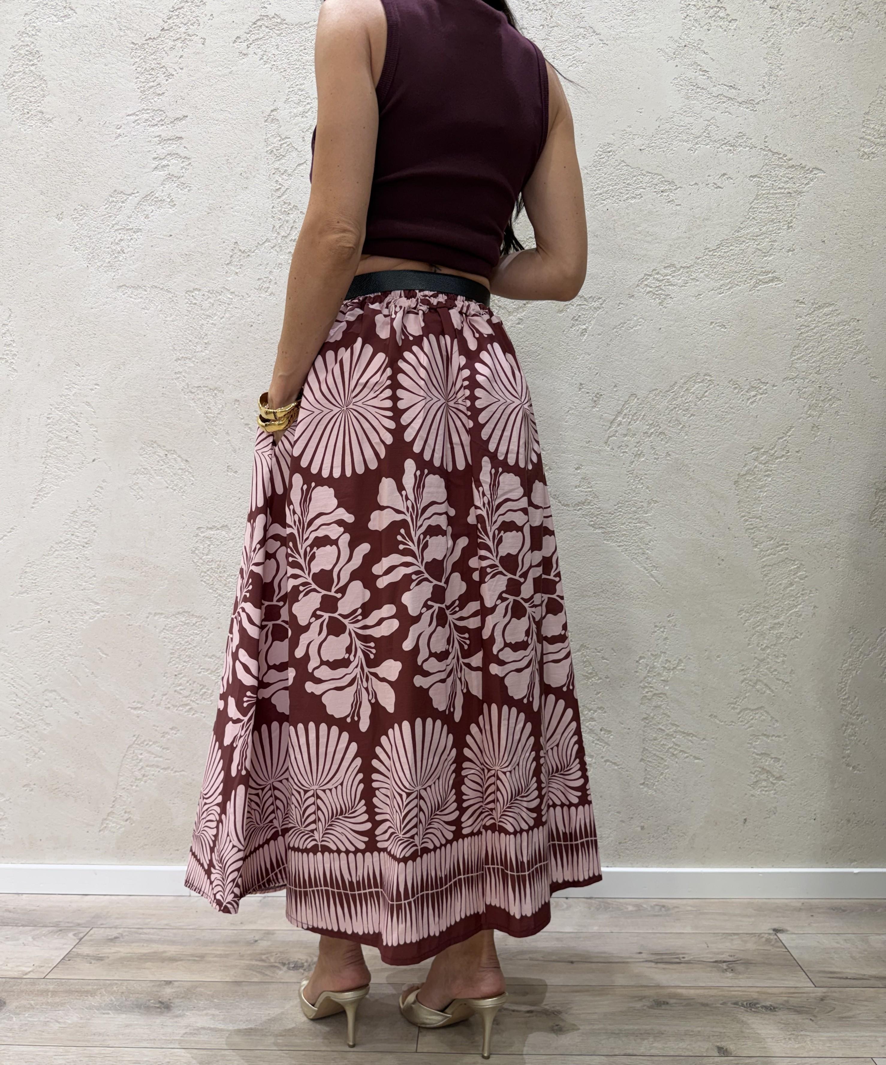 gonna lunga in cotone stampa floreale e cintura A19122 INDIA/ROSA SUSY MIX 