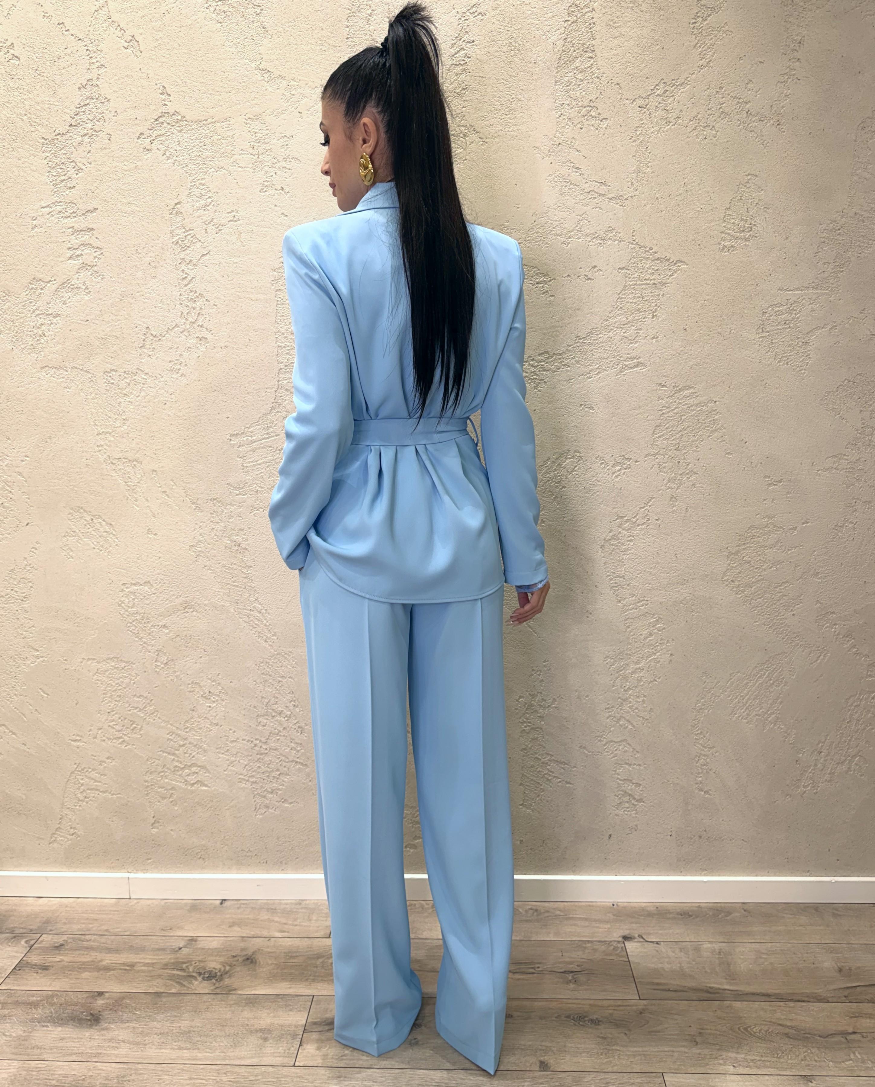 completo blazer con cintura e pantalone tessuto fluido 303211 CELESTE SUSY MIX 