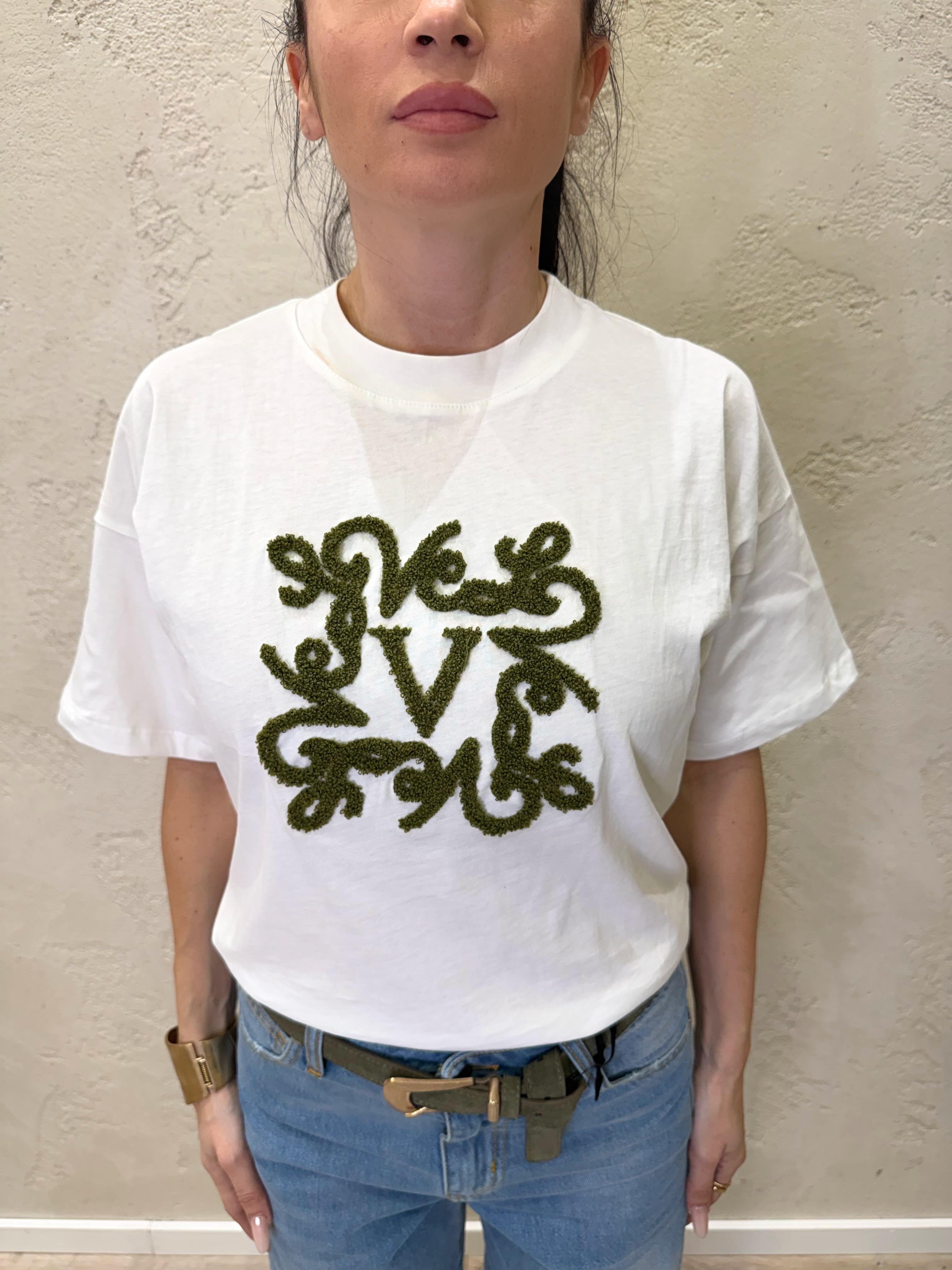 t-shirt over con logo ricamato bouclè RAB0045 BIANCO/VERDE VICOLO 
