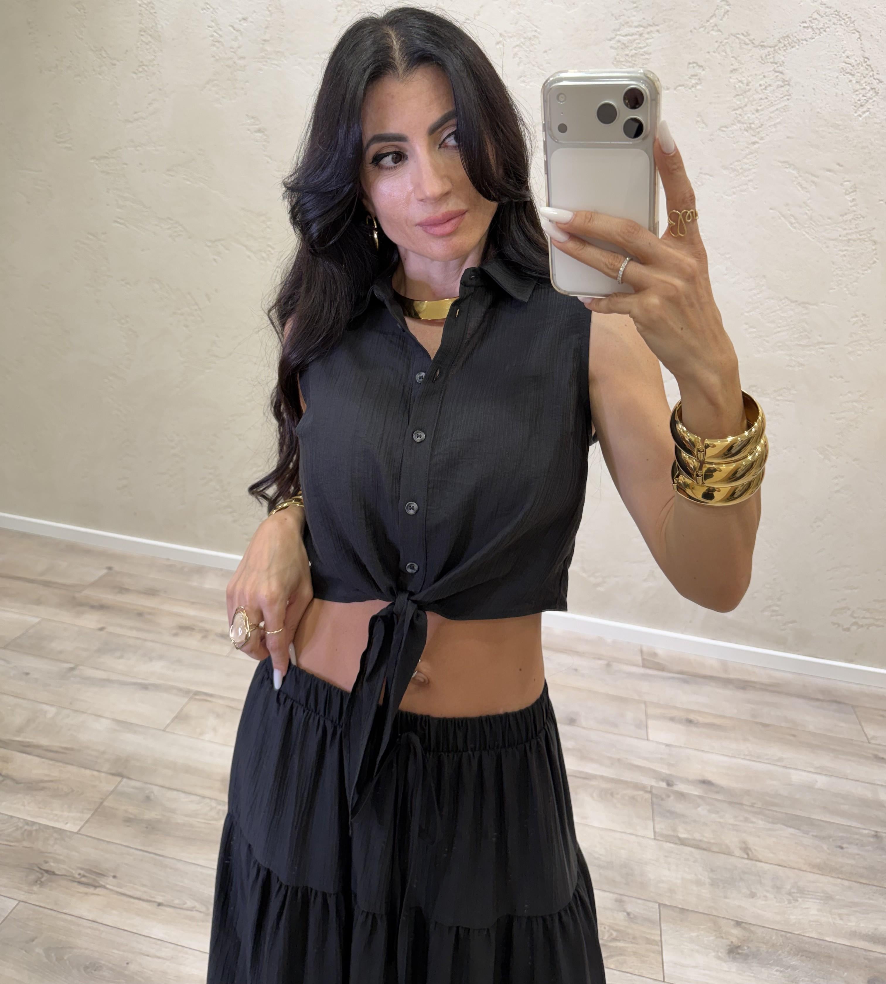 camicia smanicata a scatoletta con nodino 10803 NERO SUSY MIX 