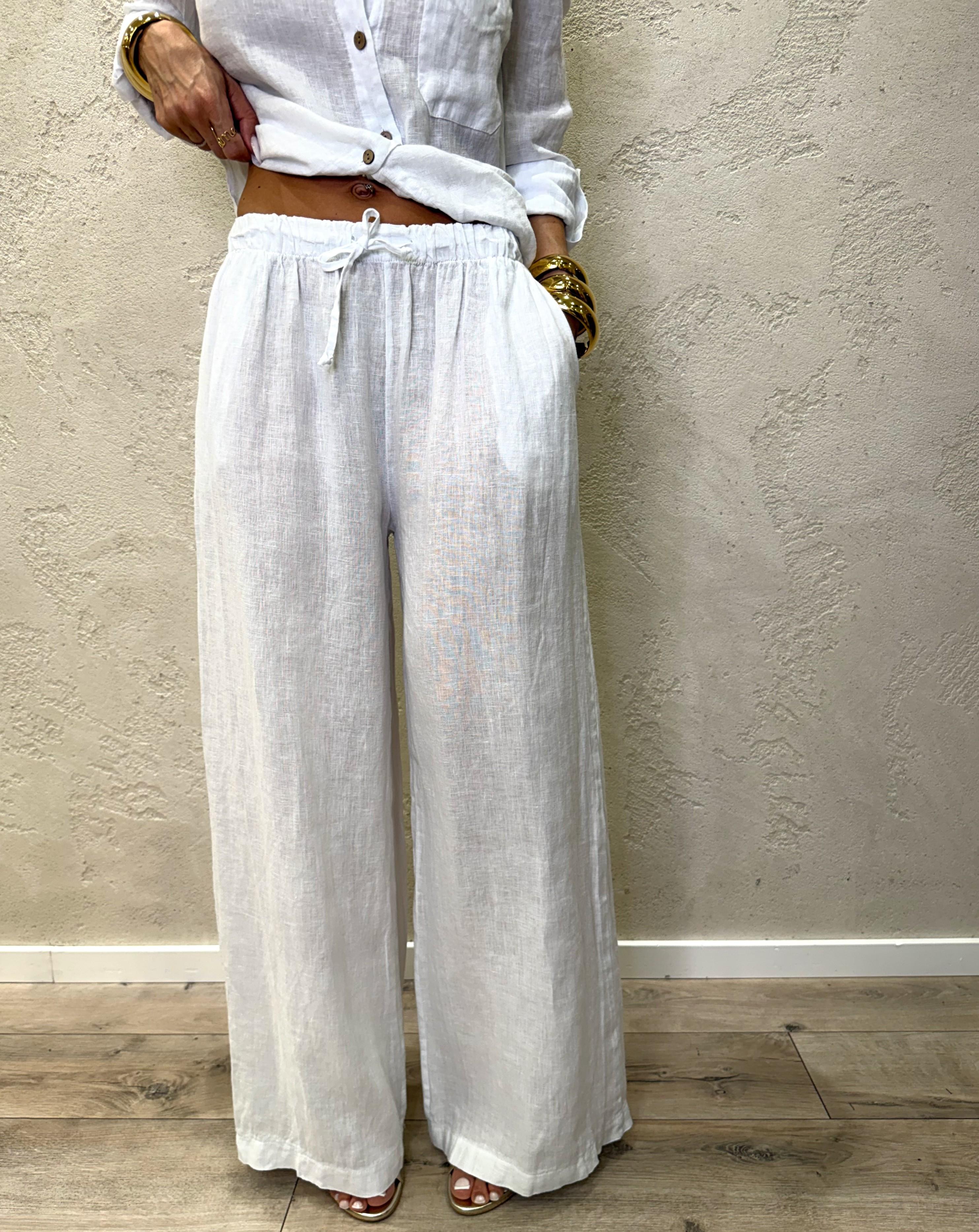 pantalone "ARIA" a palazzo in 100% lino H5944 BIANCO ELEVI 