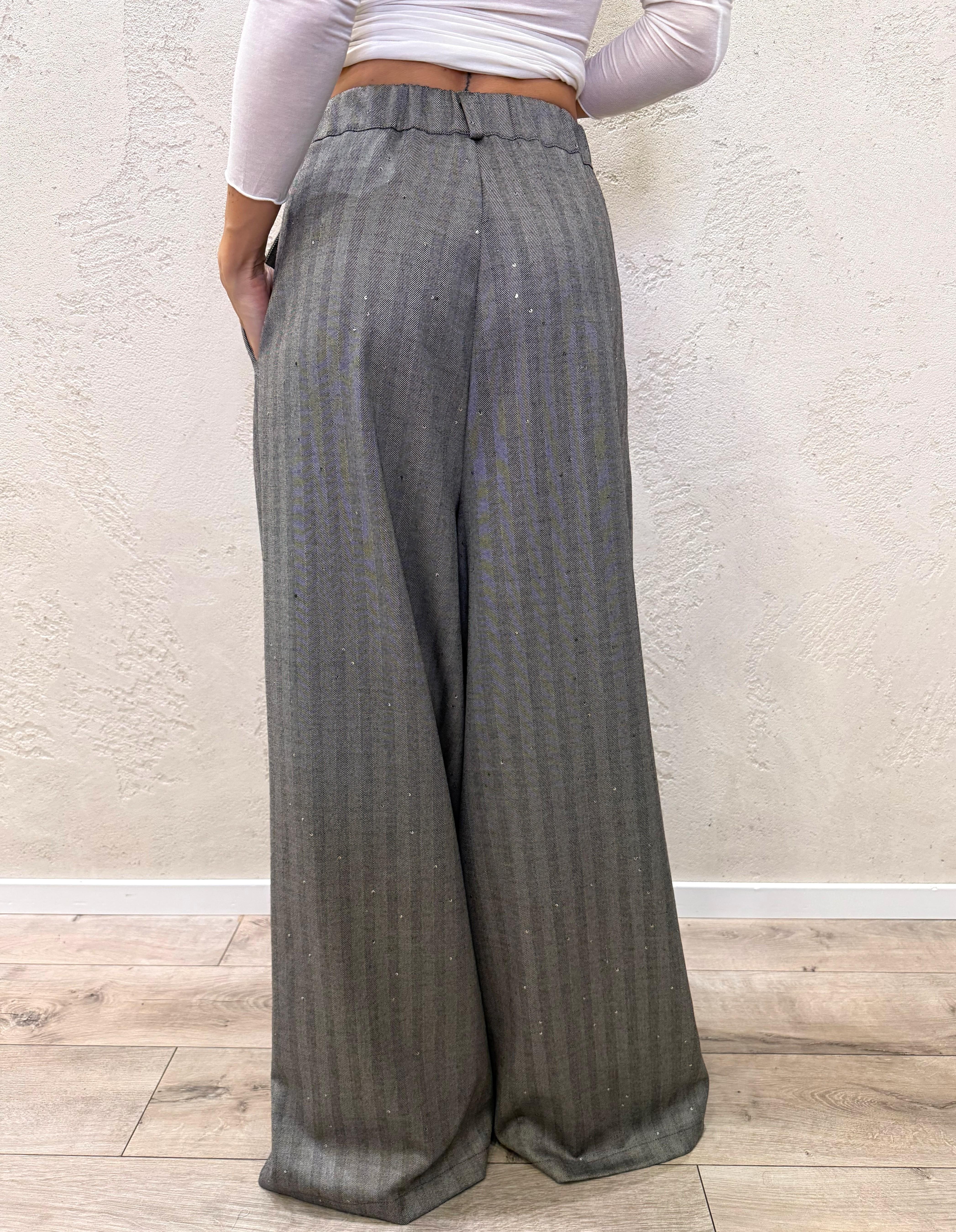 pantalone a palazzo ampio a spina di pesce con micro paillettes 1163AI25 GRIGIO TENSIONE IN 