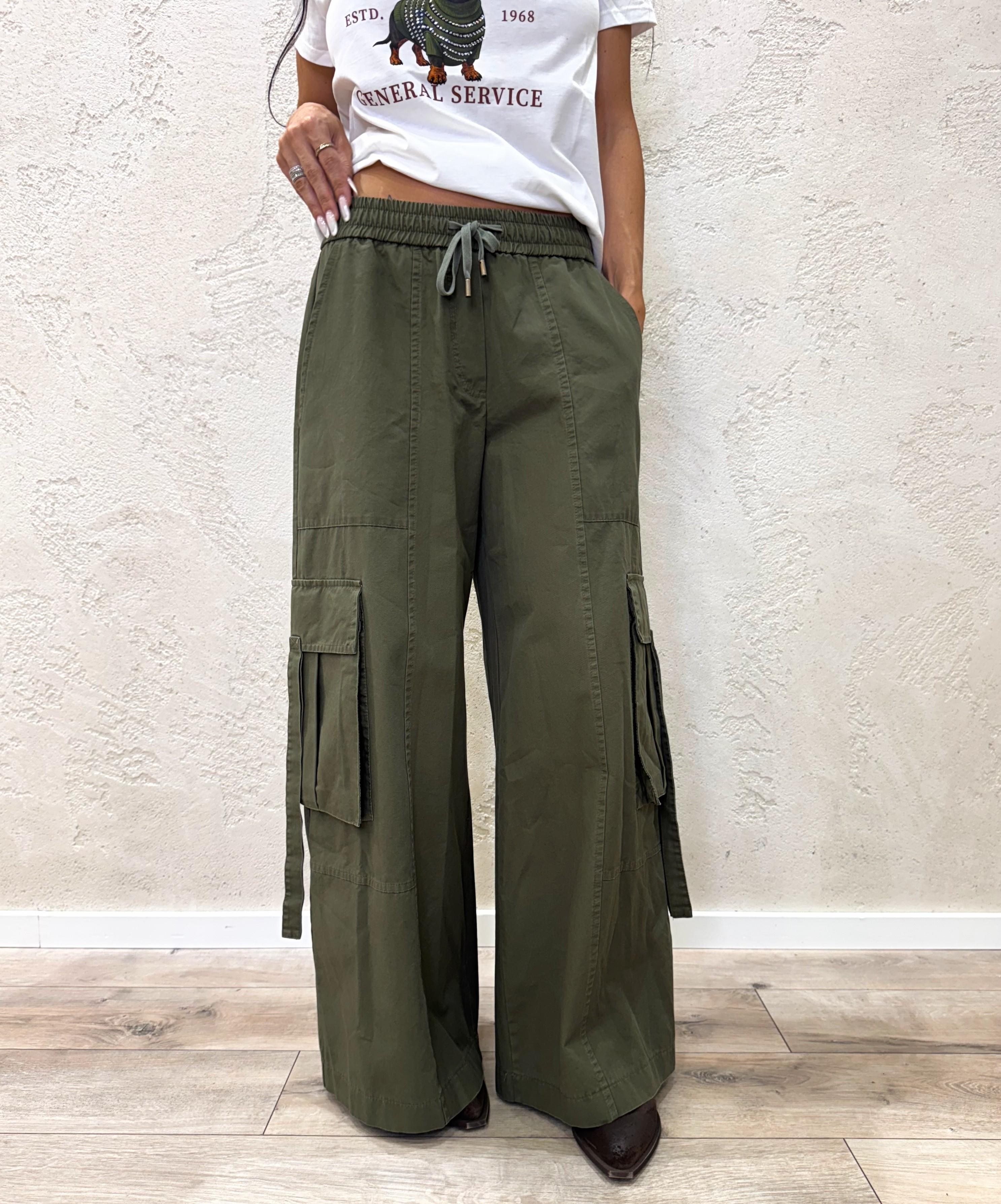 pantalone cargo a palazzo HM345 VERDE MILITARE TENSIONE IN 