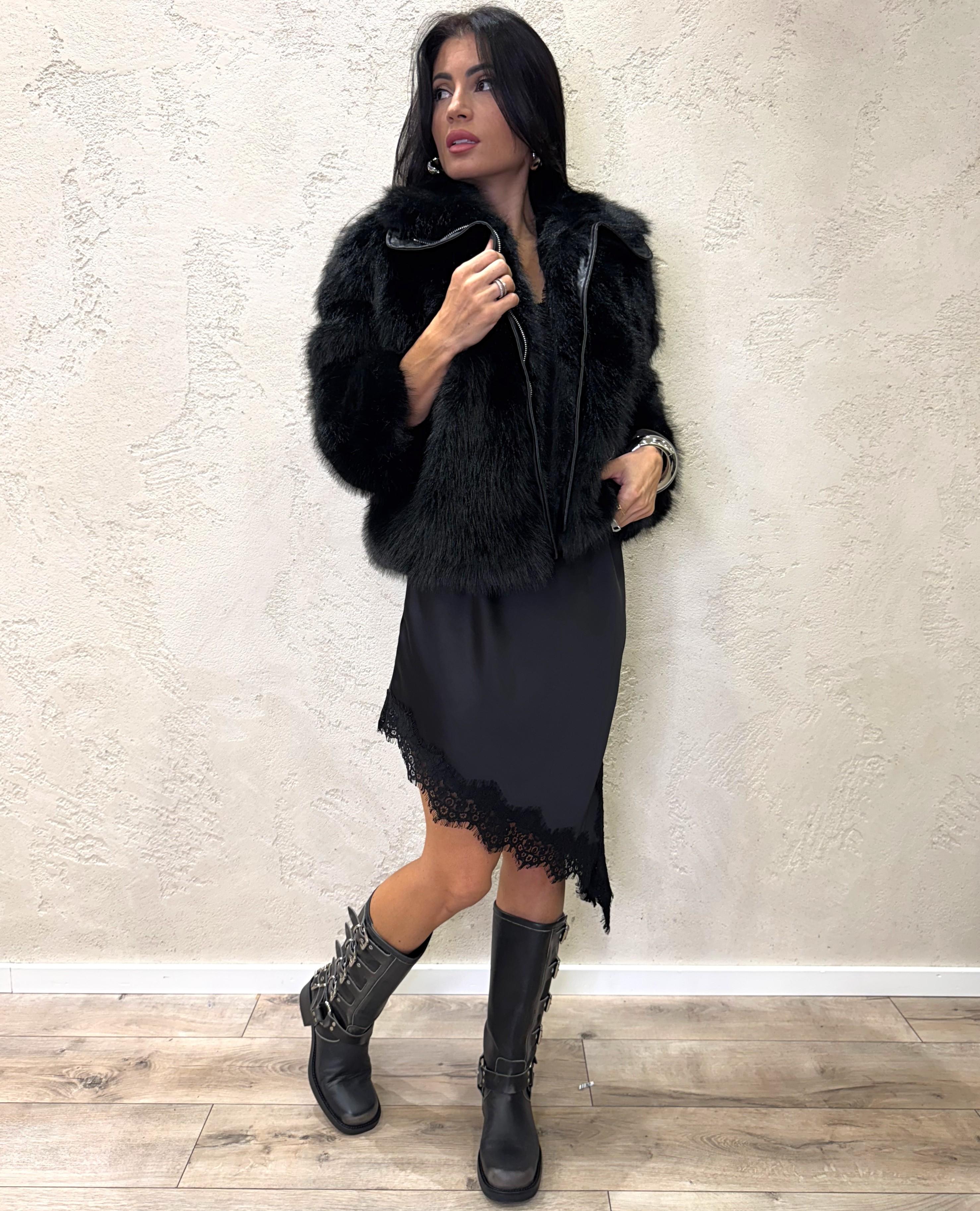 chiodo in ecopelliccia con inserti in ecopelle 250201 NERO SUSY MIX 