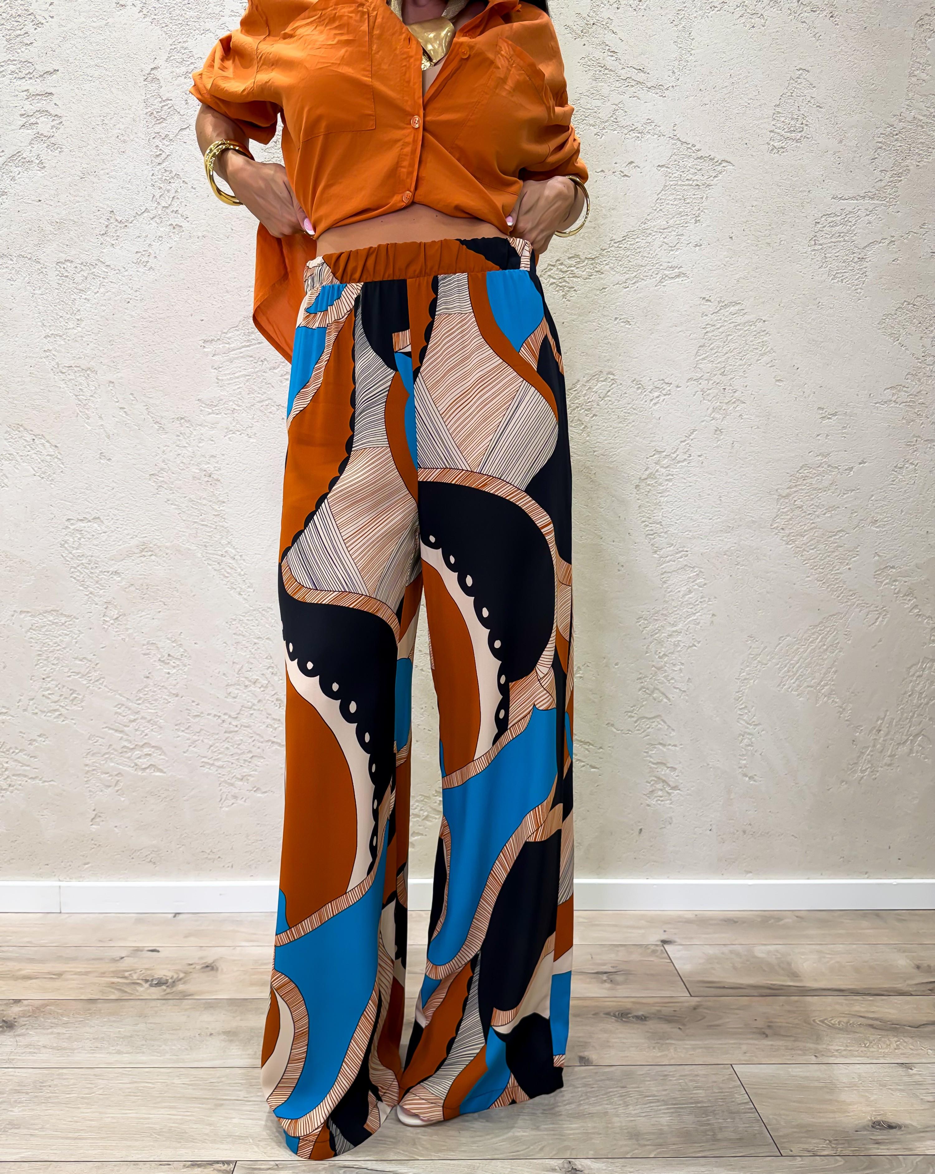 pantalone a palazzo in viscosa PIA-Q673 CELESTE/NERO HAVEONE 
