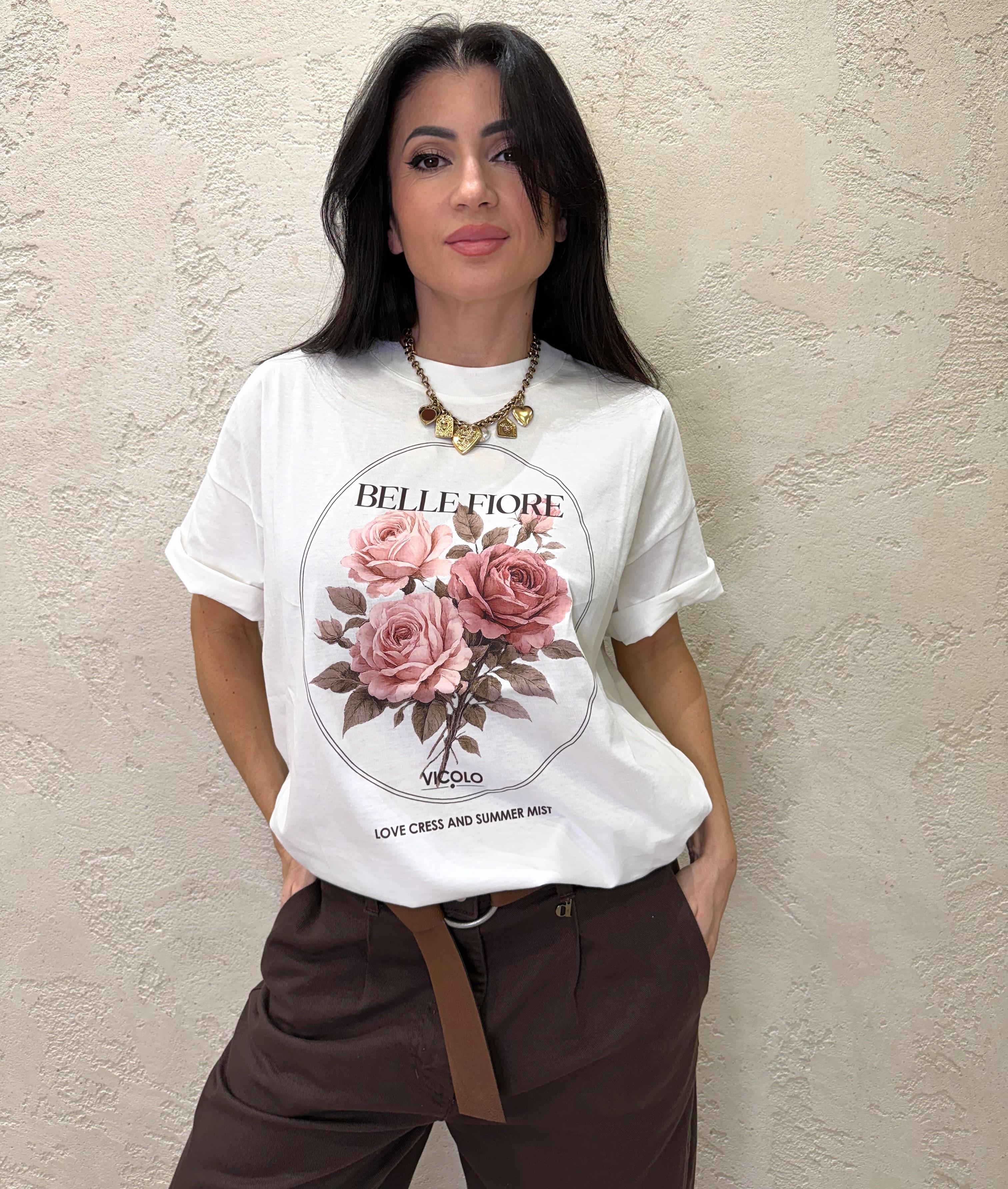 t-shirt over con stampa rose RAB0252 NATURALE VICOLO 
