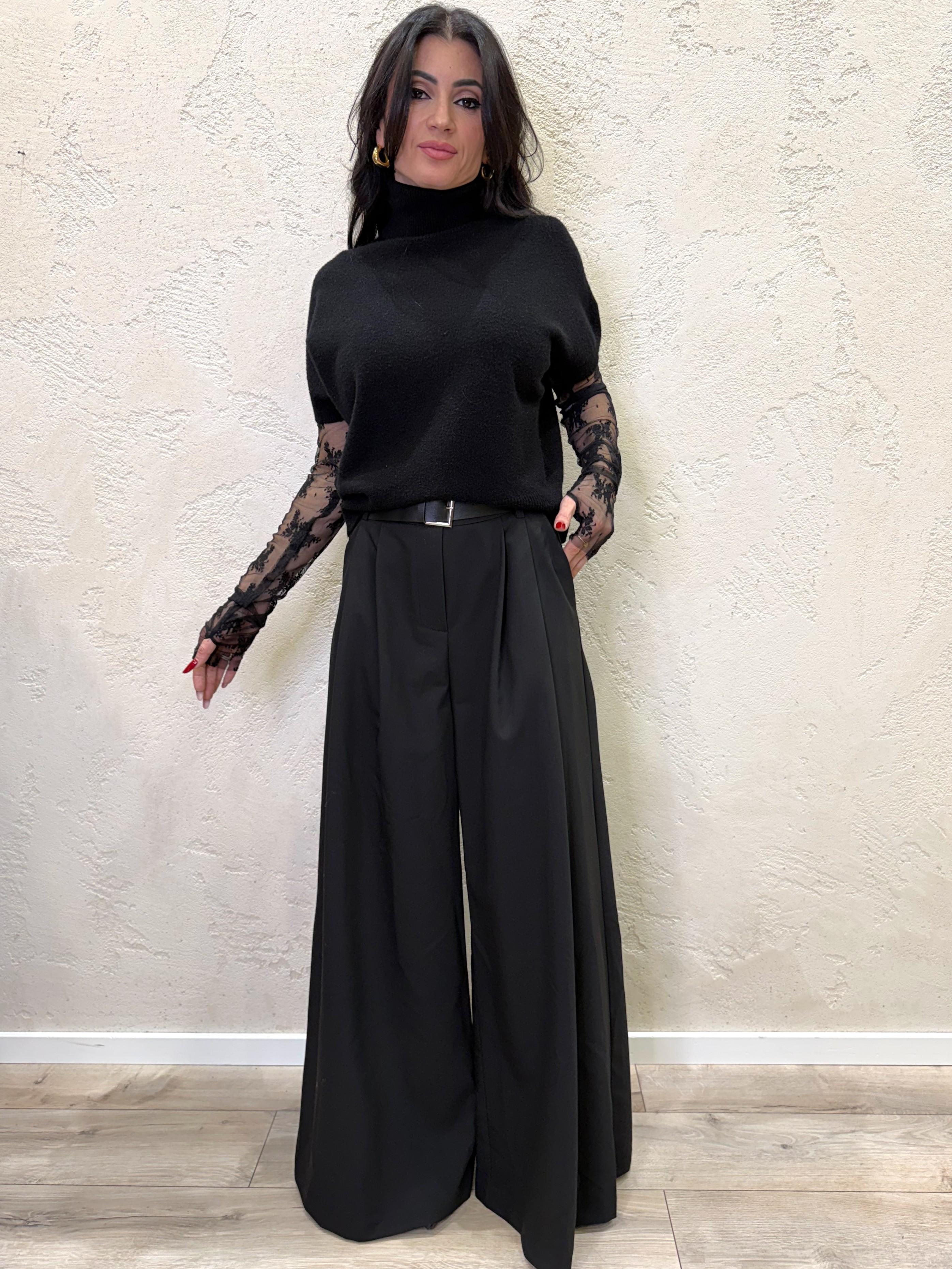 pantaloni palazzo a vita alta con pince P3U0KICM57 NERO IMPERIAL 