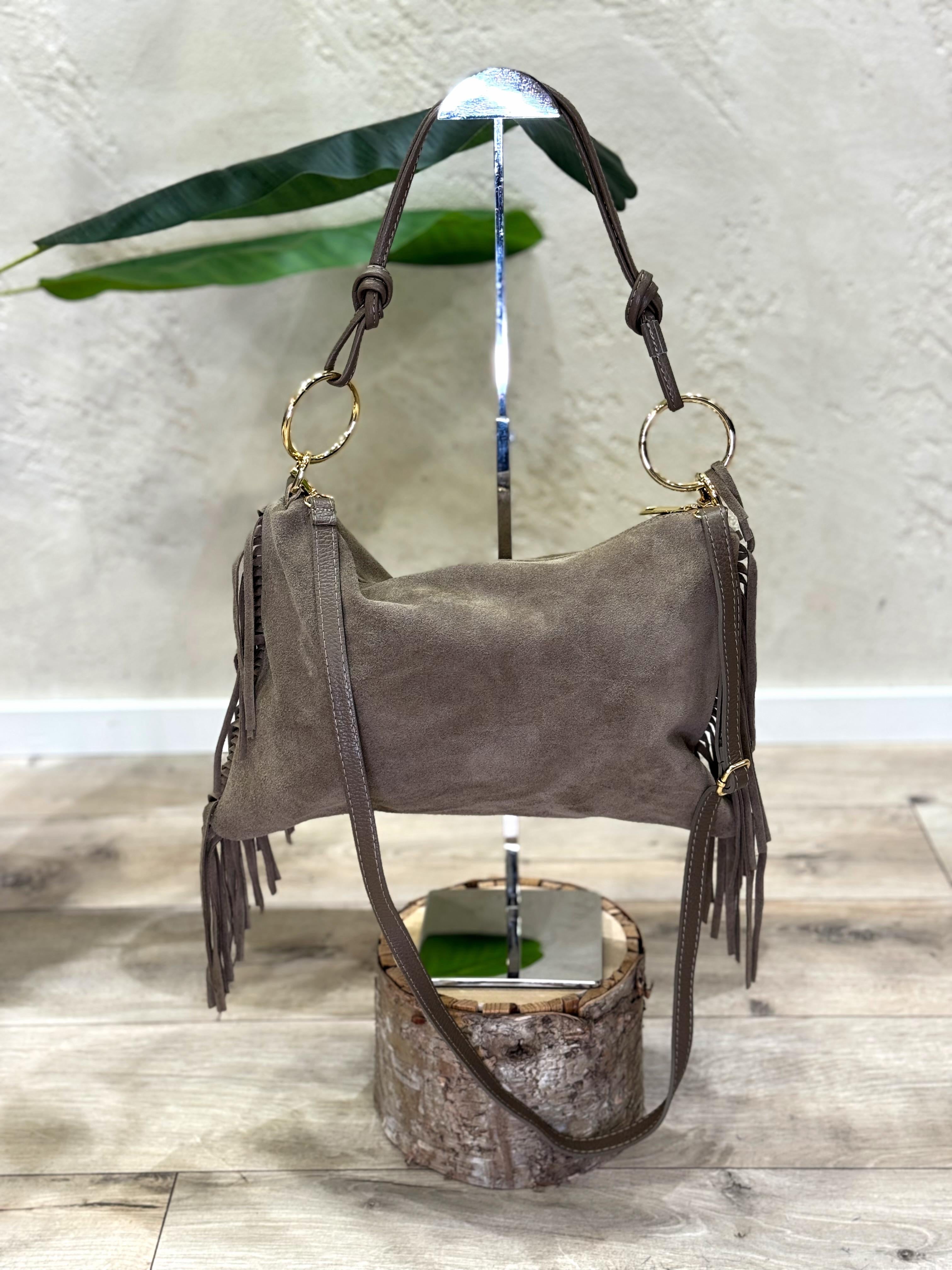 borsa in vera pelle scamosciata con frange BORSCAFRA TORTORA ELEVI 