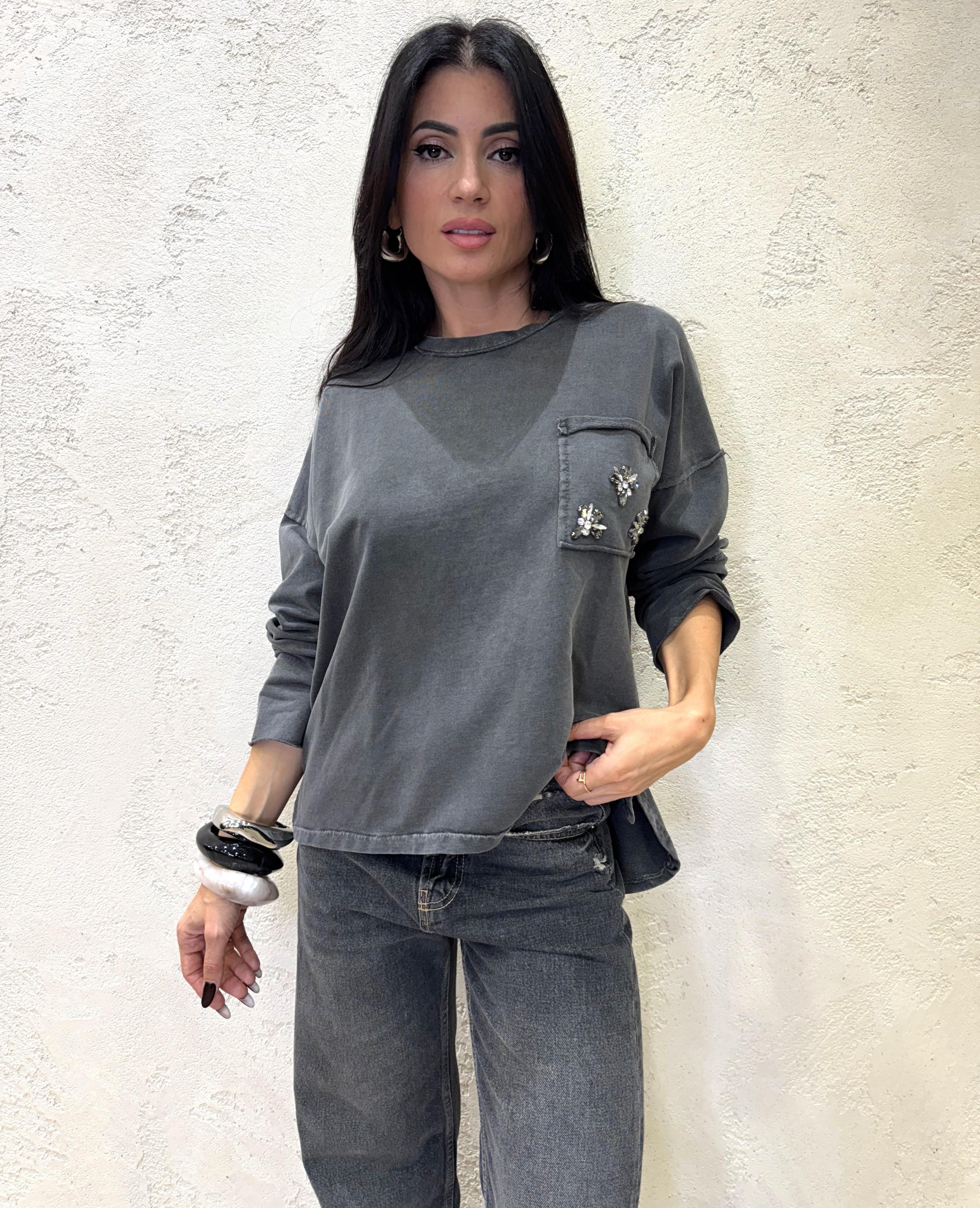 felpa over stone washed con dettaglio gioiello 59241M ANTRACITE SUSY MIX 