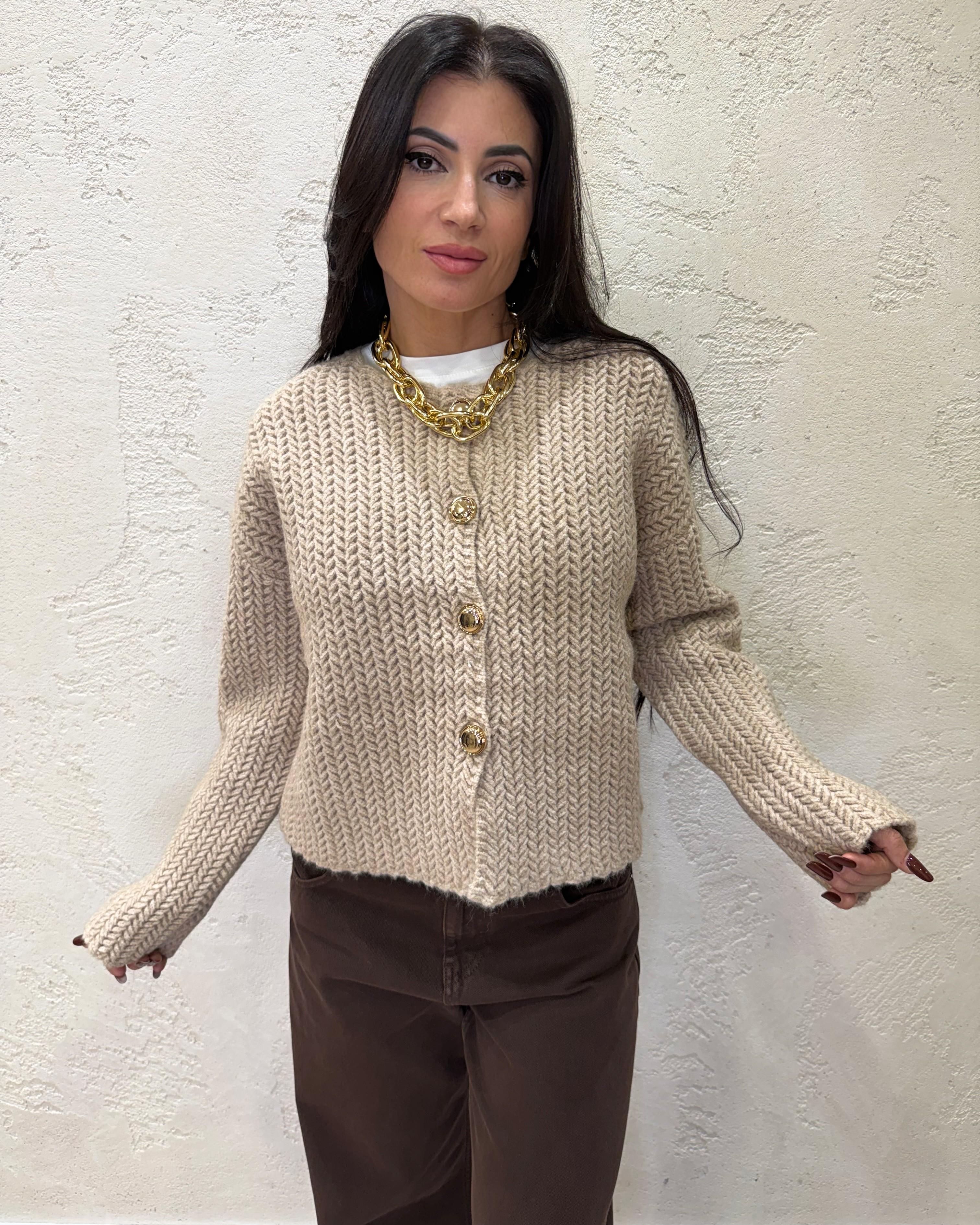 cardigan a spina di pesce con bottoni a contrasto CARBOTSP SABBIA ELEVI 