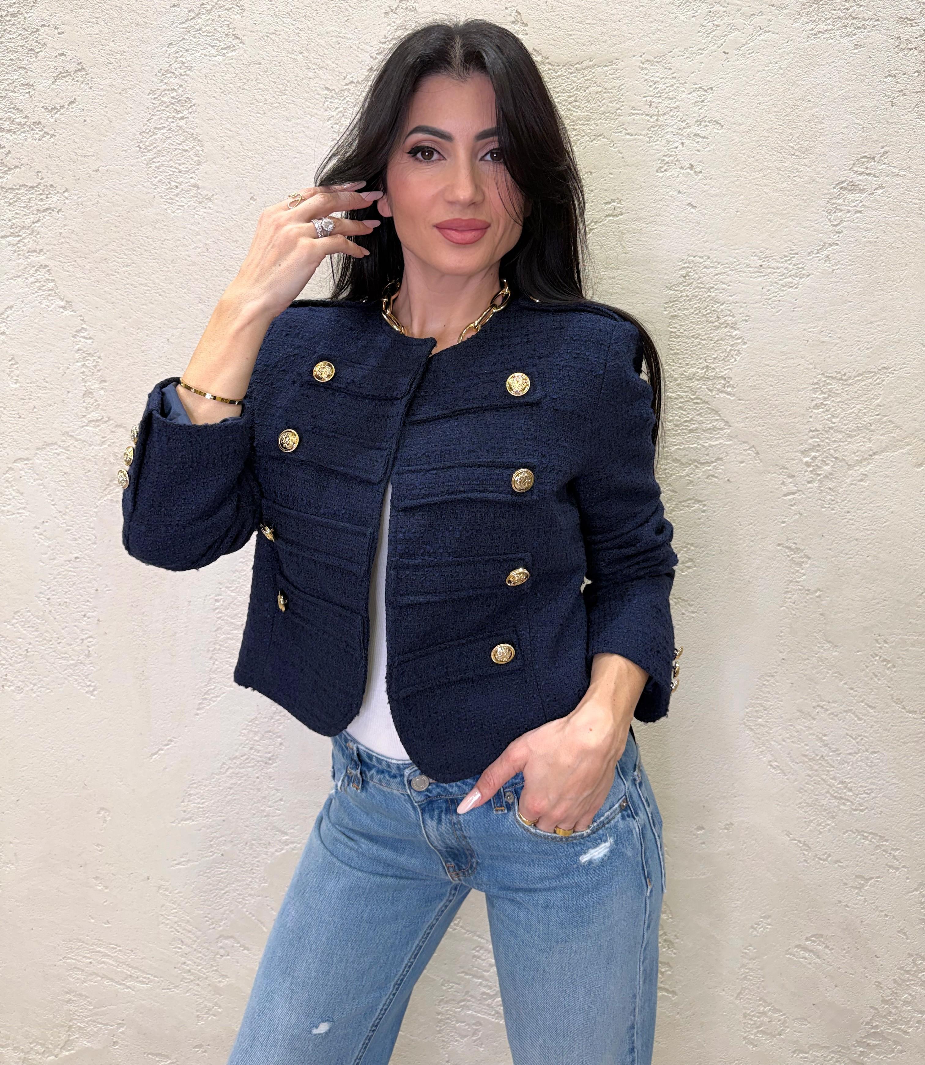giacca napoleone bouclé modello a scatoletta 26B3718 BLU TENSIONE IN 