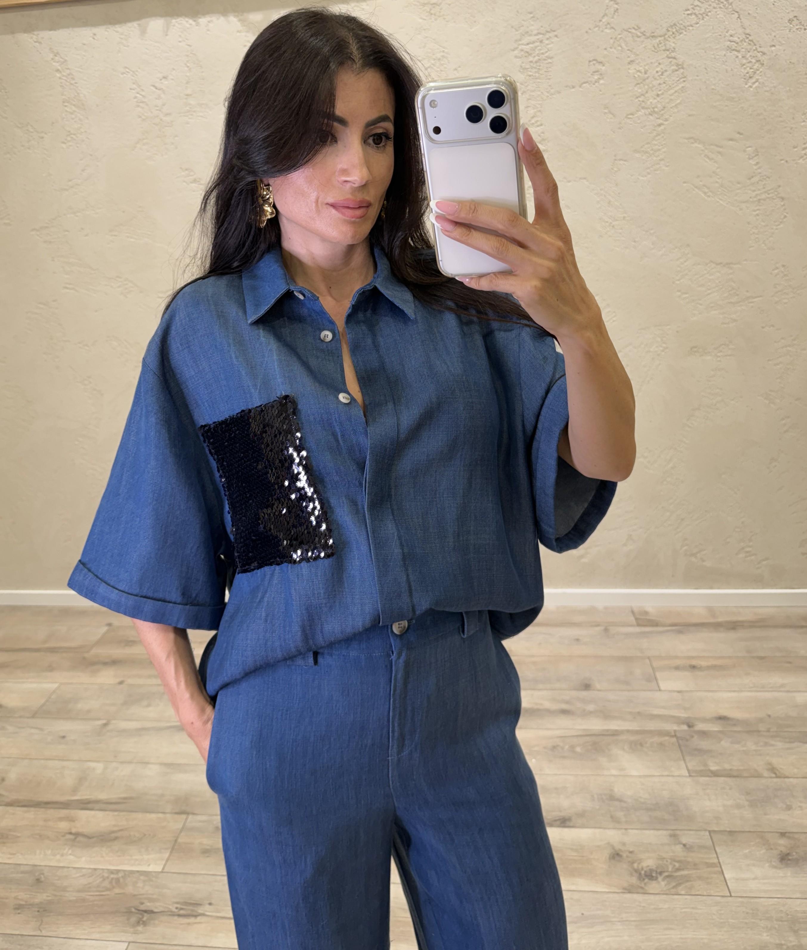 camicia in tela chambray e tasca pailettes 26C5144 DENIM BLU TENSIONE IN 