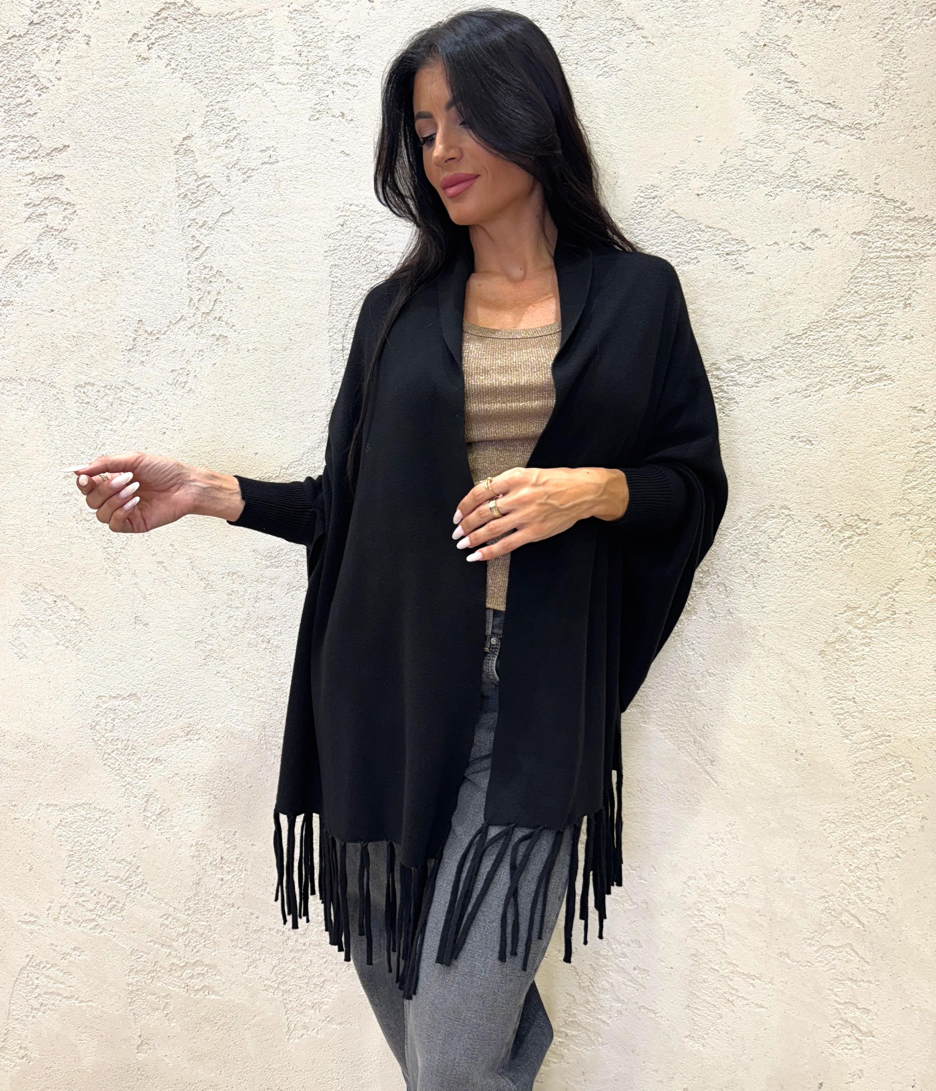 poncho con frange AP366525 NERO SUSY MIX 