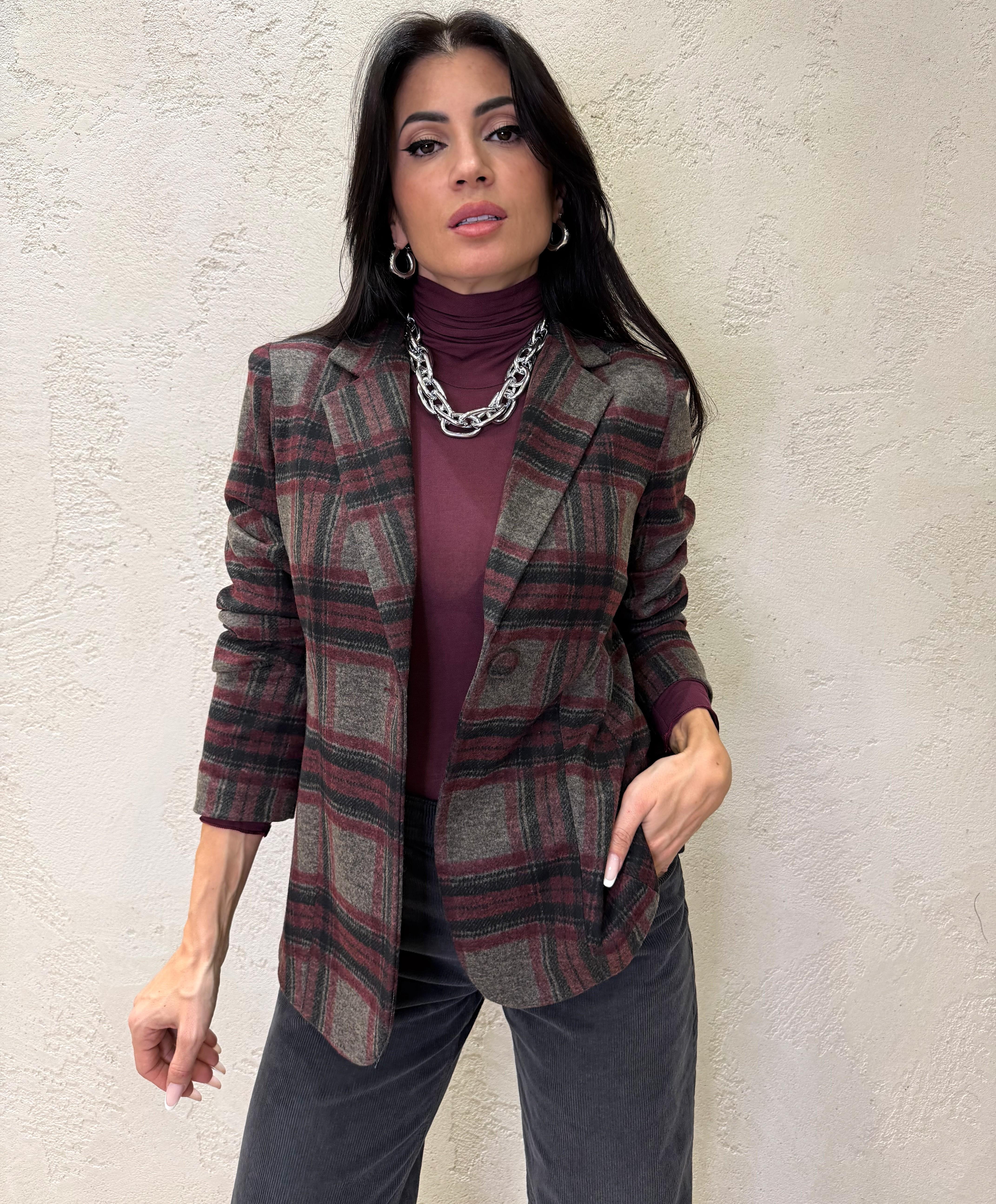 blazer sfiancato in flanella con bottone foderato in check JMI-P104 GRIGIO/BORDEAUX HAVEONE 